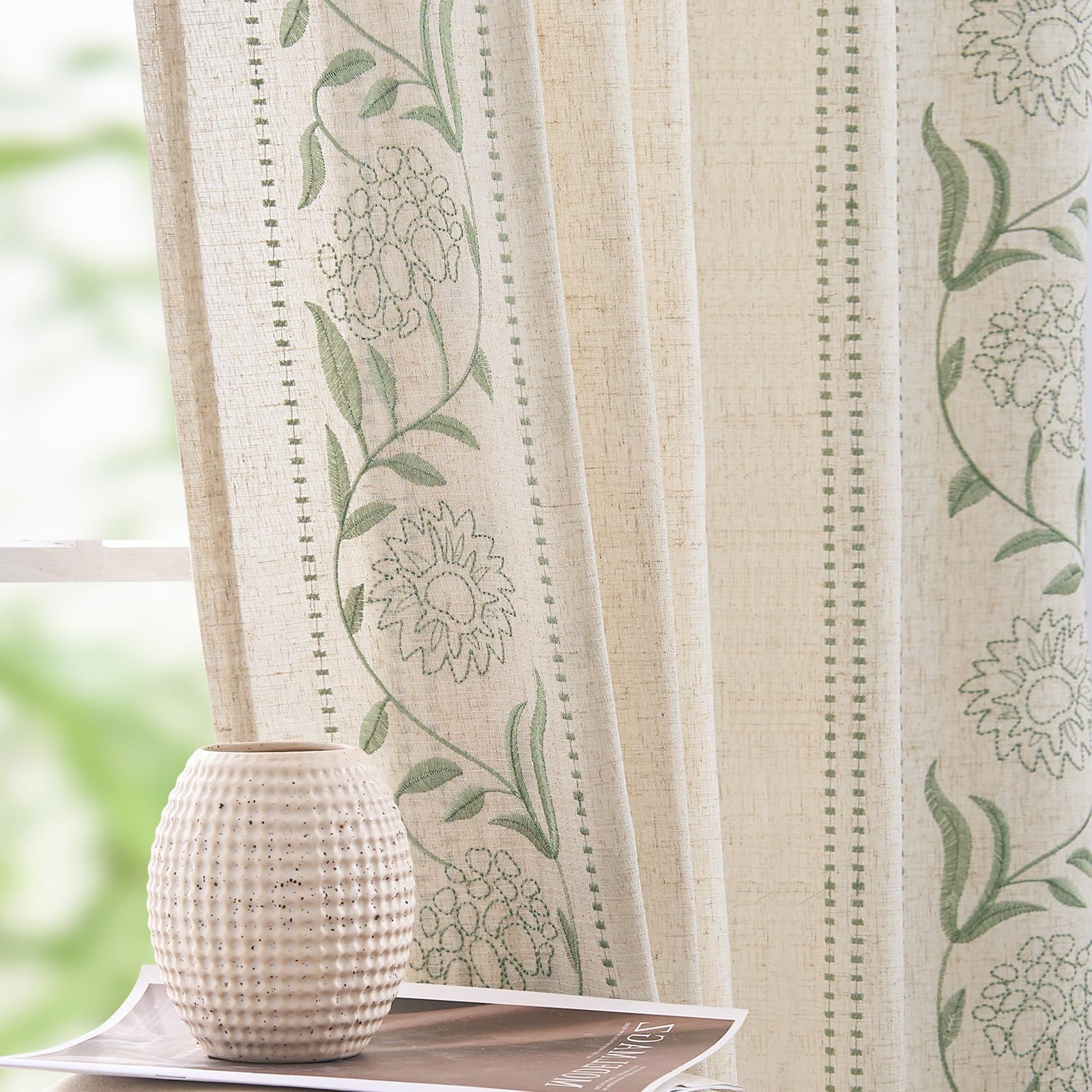 jinchan Winslow Linen Curtains for Bedroom 84 Inches Length Embroidered Bordered Floral Curtains for Living Room Farmhouse Decor Light Filtering Window Treatments Sage on Beige Drapes 2 Panels