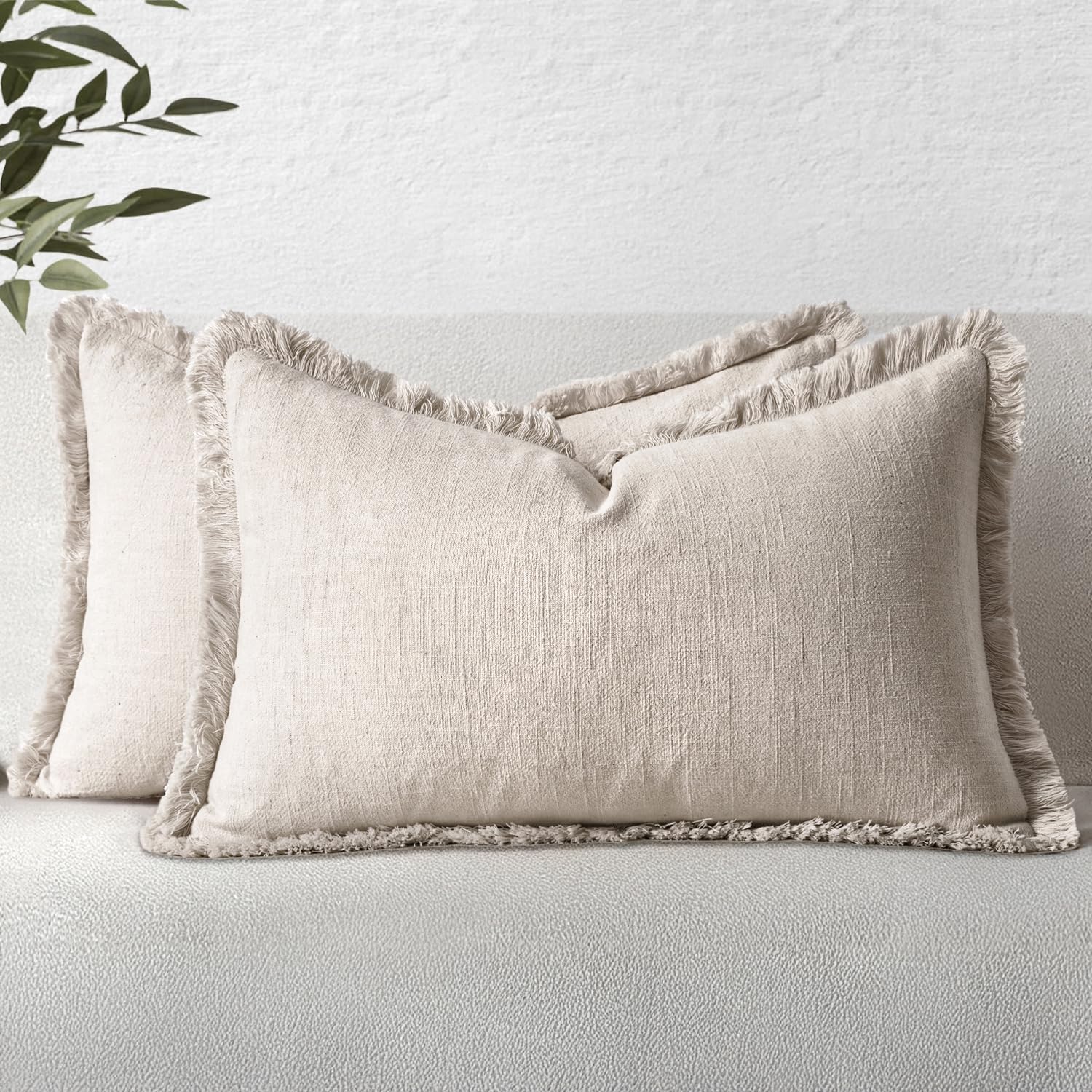 MIULEE Decorative Throw Pillow Covers Neutral Linen Fringe Throw Pillows Euro Shams Set of 2 Sage Green Boho Farmhouse Cushion Covers for Couch Sofa Bed Living Room Spring Home Decor 26x26 Inch