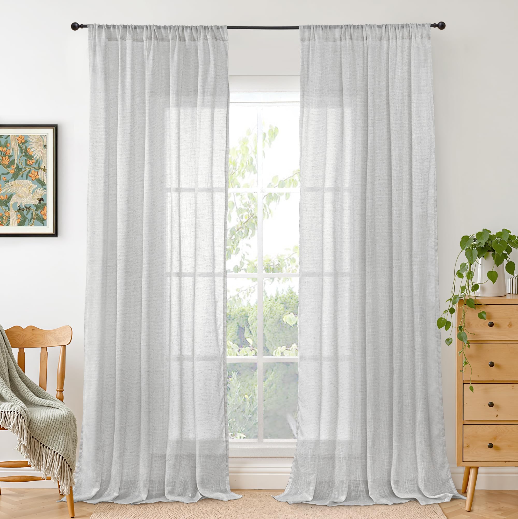 BGment 90 Inches Long Curtains Linen Semi Sheer, Light Filtering Window Treatments Drapes with Rod Pocket Lightweight for Living Room Bedroom, 2 Panels, 52 Inch Wide Each Panel