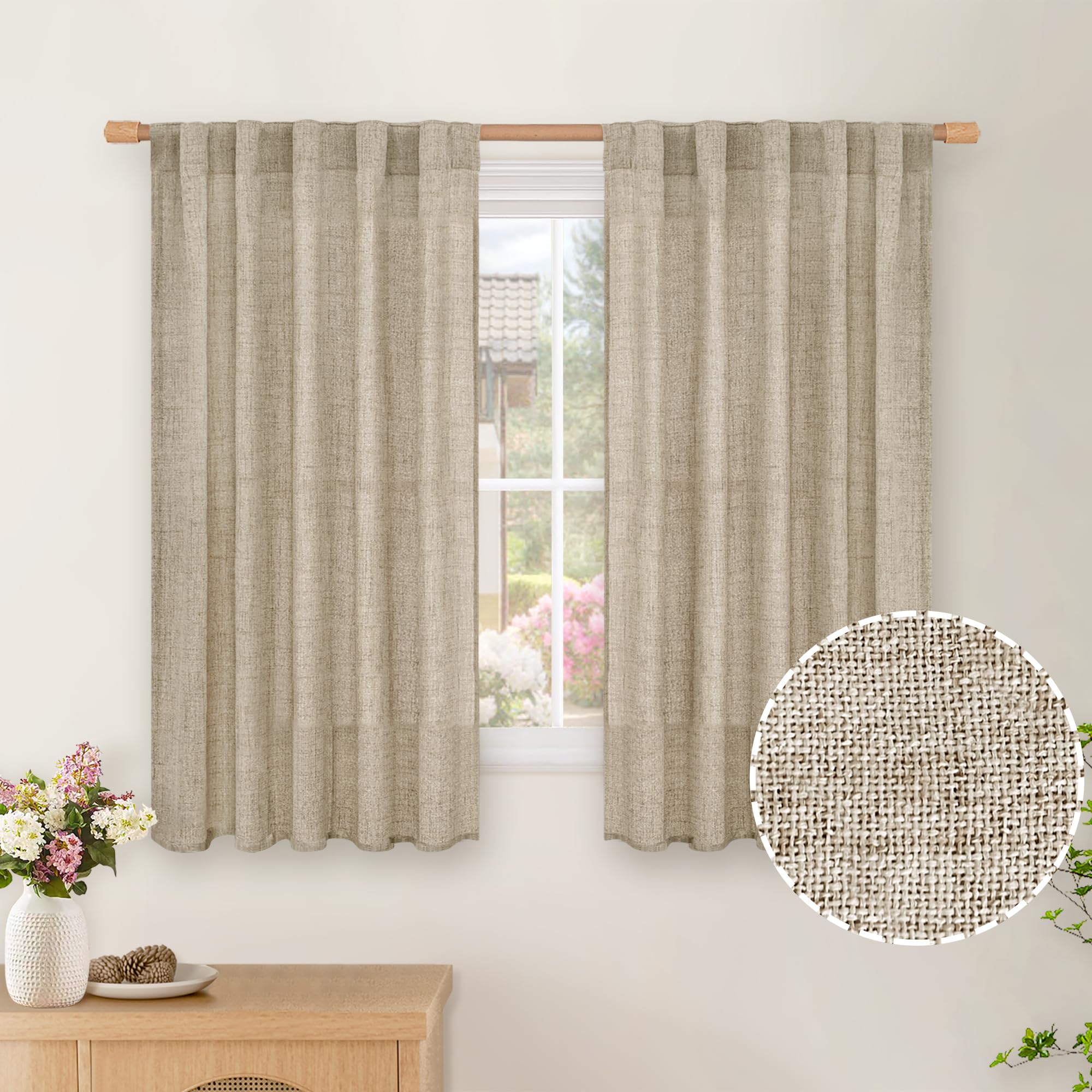 BGment Long 102 Inch Length Linen Curtains for Living Room, Natural Rod Pocket Textured Burlap Drapes Rustic Country Light Filtering for Bedroom Semi Sheer Back Tab, 2 Panel, 52 Inch Wide Each Panel
