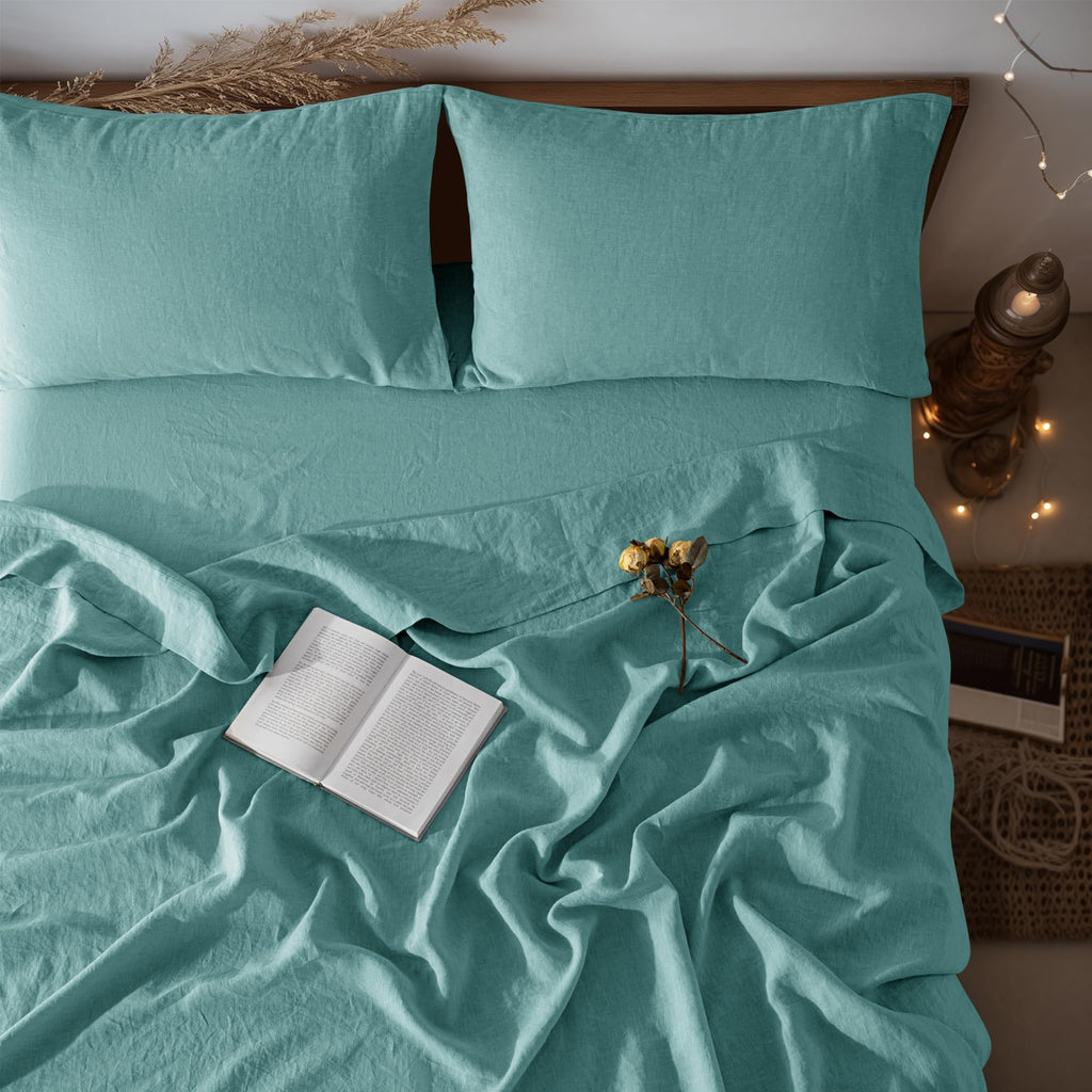 LBRO2M 100% Pure Linen Sheet Set Deep Pocket Up to 16" Bed Sheets Sets, Natural Flax Beddings Soft, Breathable, Comfortable for All Seasons 4 Pcs Sheet Set Queen Size, Linen