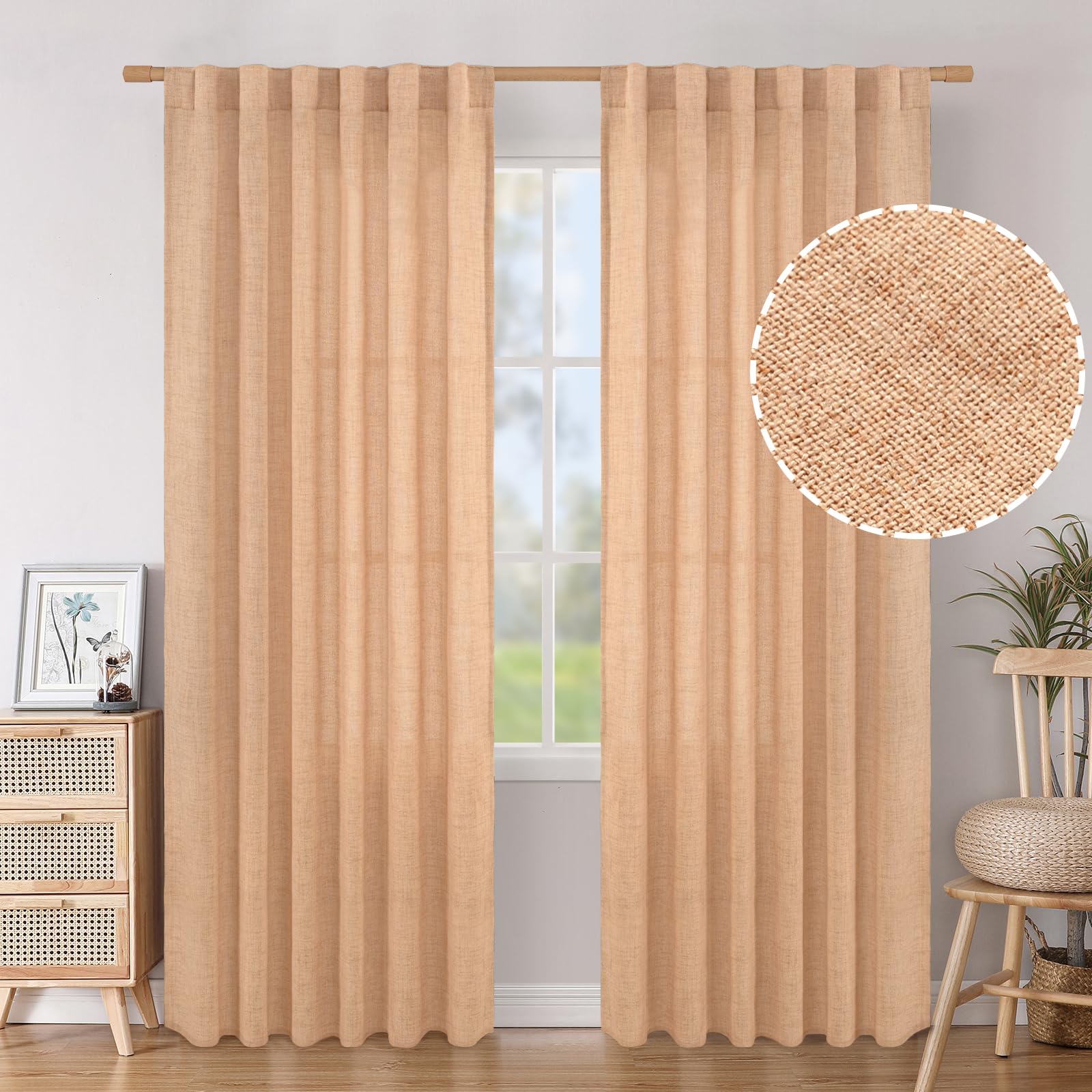 BGment Long 102 Inch Length Linen Curtains for Living Room, Natural Rod Pocket Textured Burlap Drapes Rustic Country Light Filtering for Bedroom Semi Sheer Back Tab, 2 Panel, 52 Inch Wide Each Panel