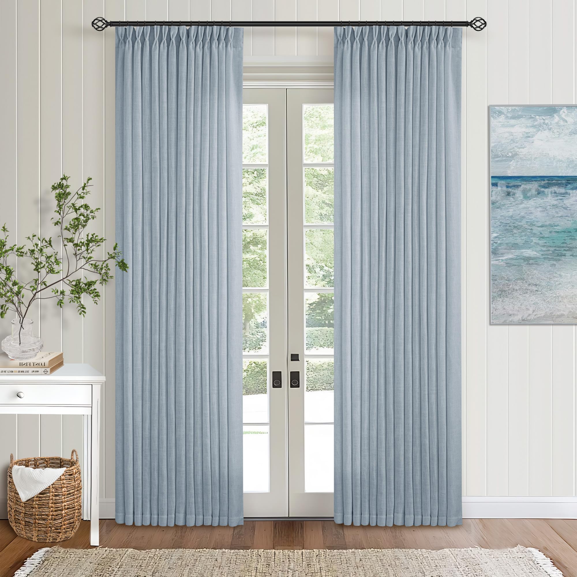 90 Inch Pinch Pleated Linen Curtains 2 Panel Set for Living Room Cream Natural Thick Linen Textured Drapes 90 Inches Long Pinch Pleat Drapes Birch Ivory Semi Sheer Curtain for Dining Bedroom Office