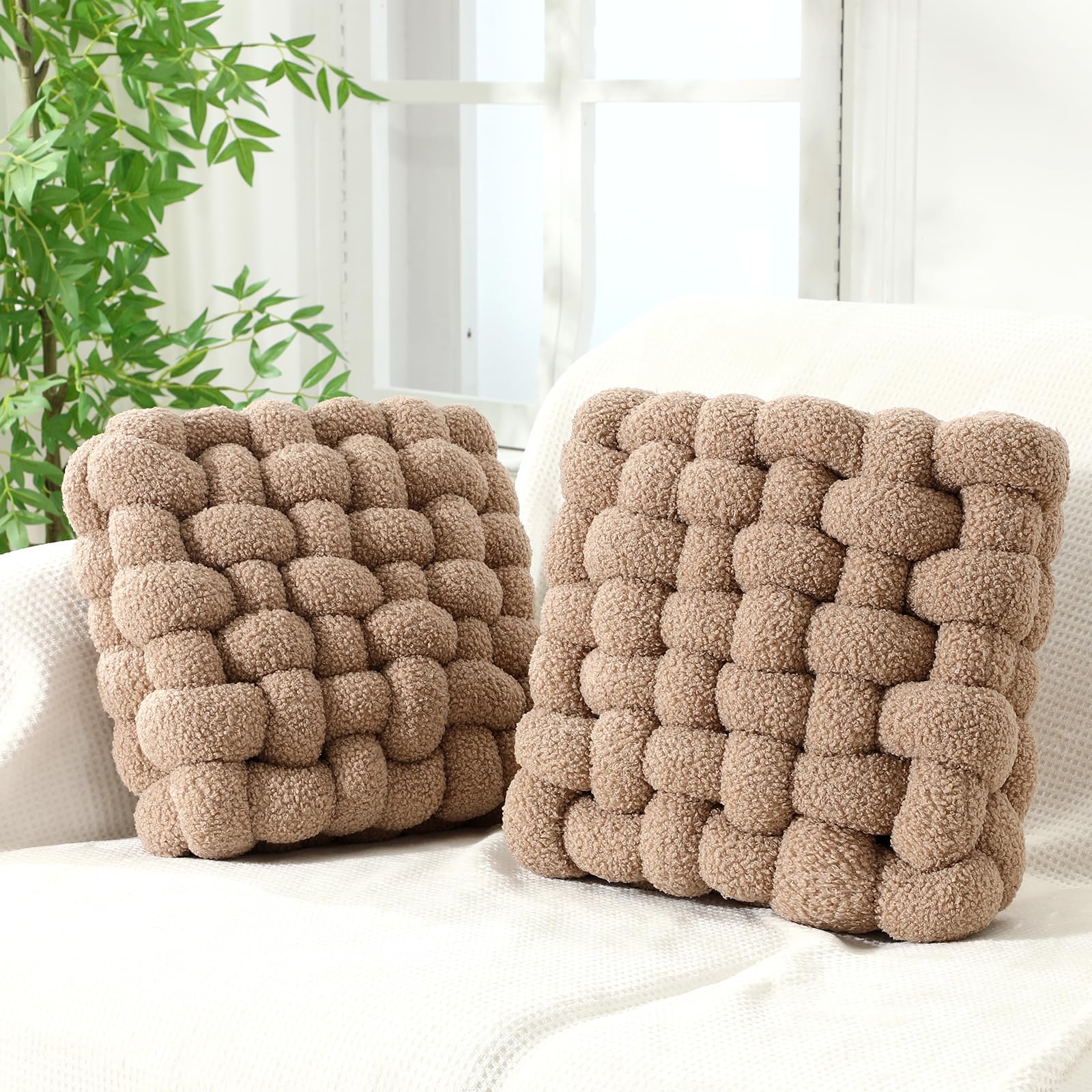 Wenqik 2 Pcs Knot Pillows Square Knotted Plush Throws Soft Accent Pillows Decoration Cushion for Couch Home Office Living Room Bedroom Bed Sofa Decor, 12'' x 13''(Cream White,Lambswool)