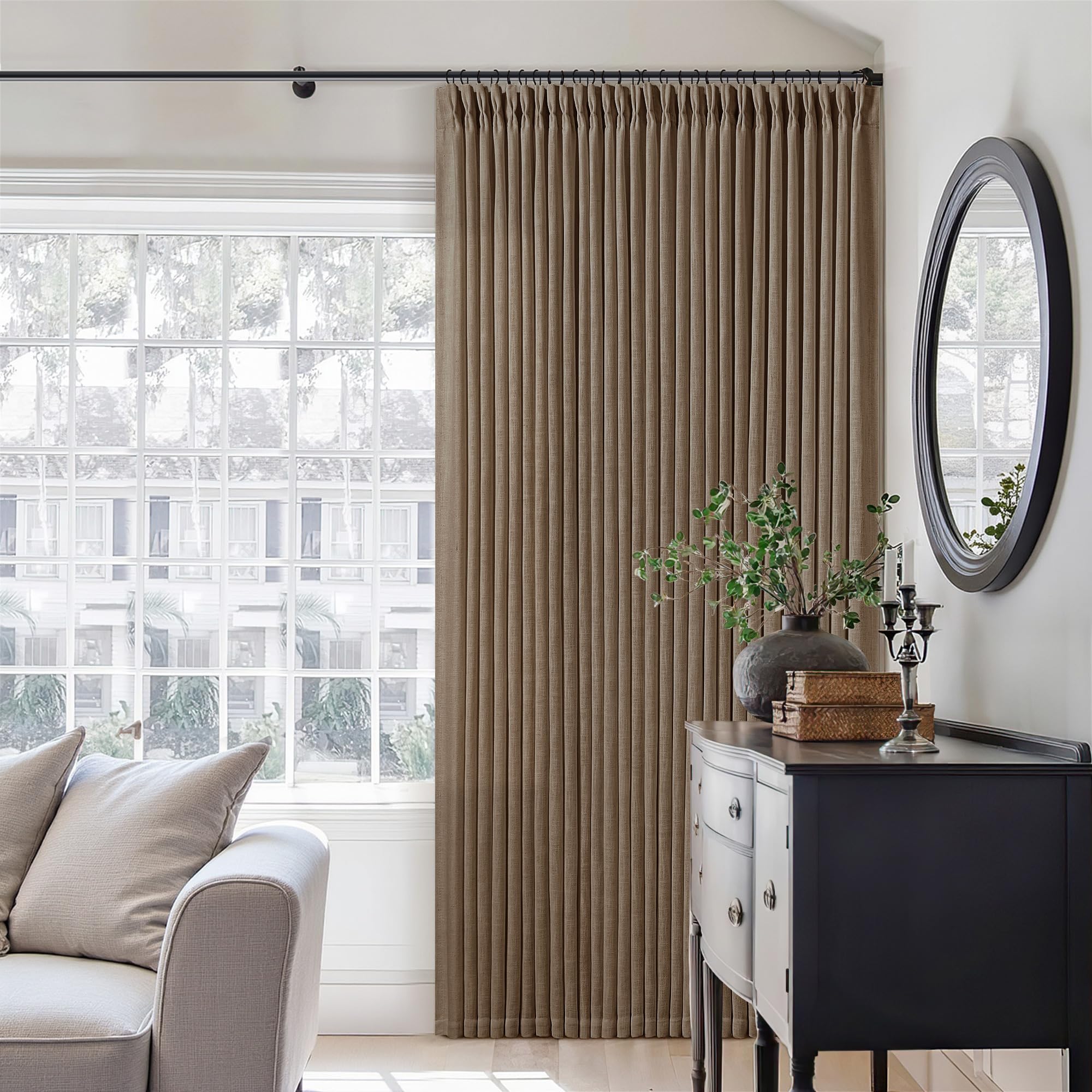 90 Inch Pinch Pleated Linen Curtains 2 Panel Set for Living Room Cream Natural Thick Linen Textured Drapes 90 Inches Long Pinch Pleat Drapes Birch Ivory Semi Sheer Curtain for Dining Bedroom Office