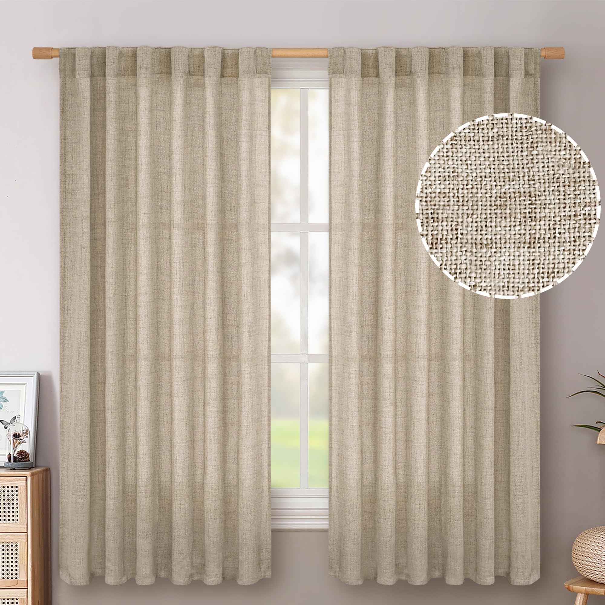 BGment Long 102 Inch Length Linen Curtains for Living Room, Natural Rod Pocket Textured Burlap Drapes Rustic Country Light Filtering for Bedroom Semi Sheer Back Tab, 2 Panel, 52 Inch Wide Each Panel