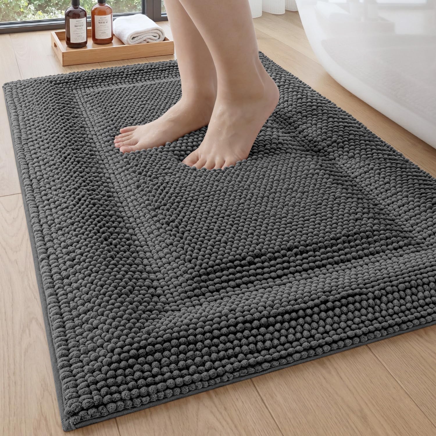 DEXI Bathroom Rugs 24x43, Non Slip Washable Bath Mat, Luxury Chenille Super Absorbent Ultra Thick Bathmats for Shower Floor, Plush Fluffy Shaggy Carpet for Tub, Beige