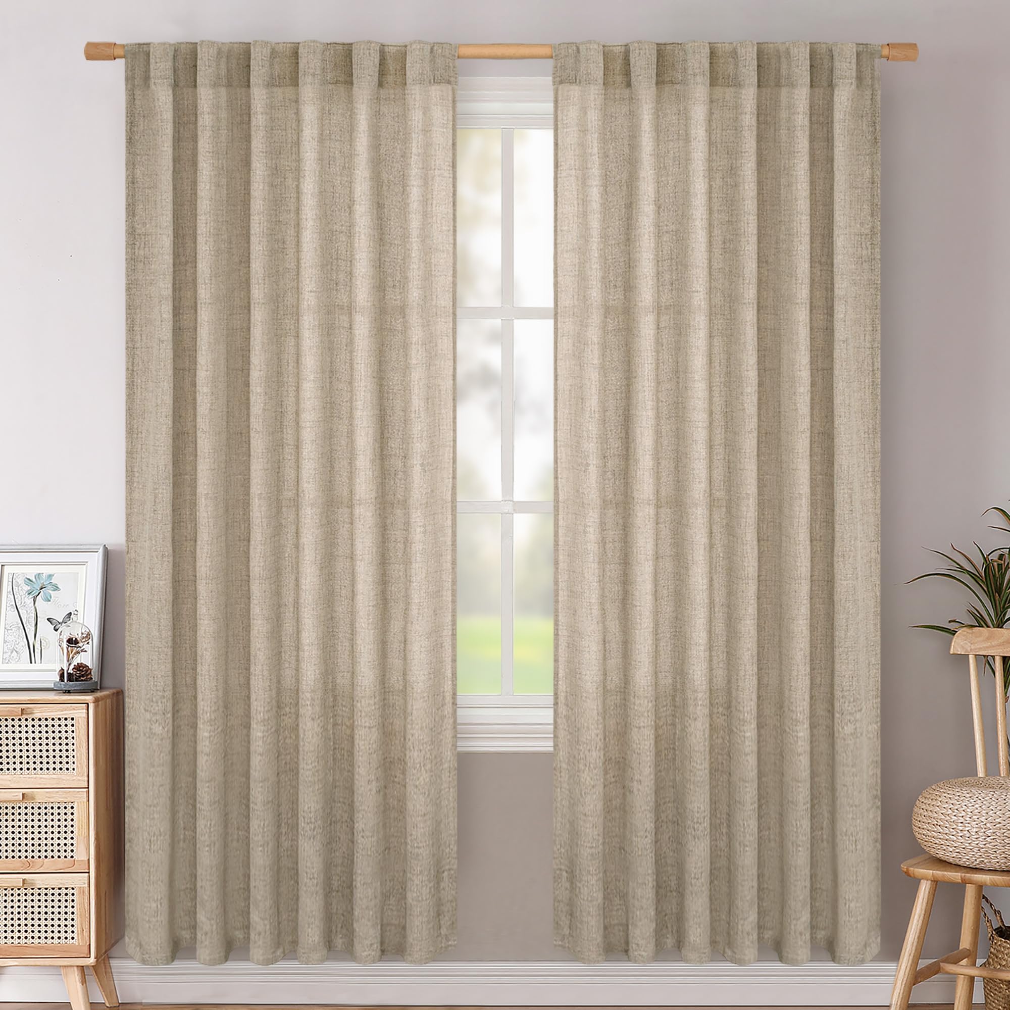 BGment Long 102 Inch Length Linen Curtains for Living Room, Natural Rod Pocket Textured Burlap Drapes Rustic Country Light Filtering for Bedroom Semi Sheer Back Tab, 2 Panel, 52 Inch Wide Each Panel