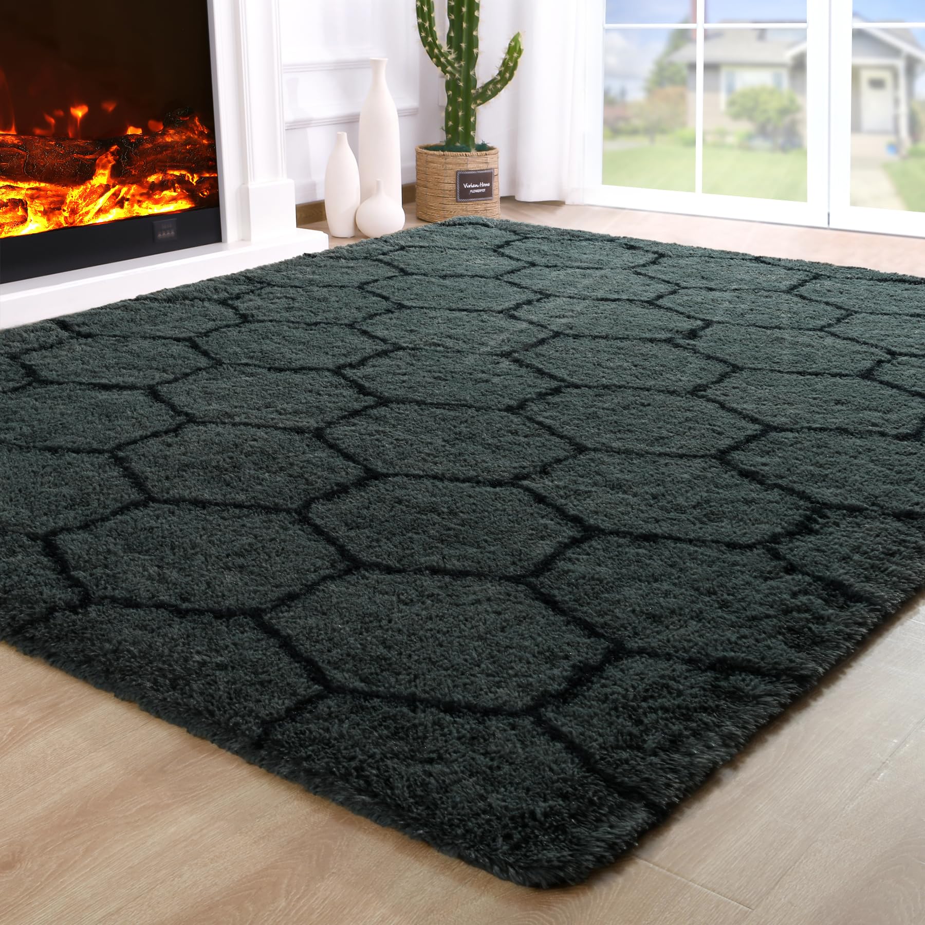 8x10 Extra Large Green Area Rug for Living Room Bedroom Dining Room, Fluffy Shag Soft Plush Furry Carpet Solid Color, Non-Slip Indoor Floor Mat for Kids Home Decor