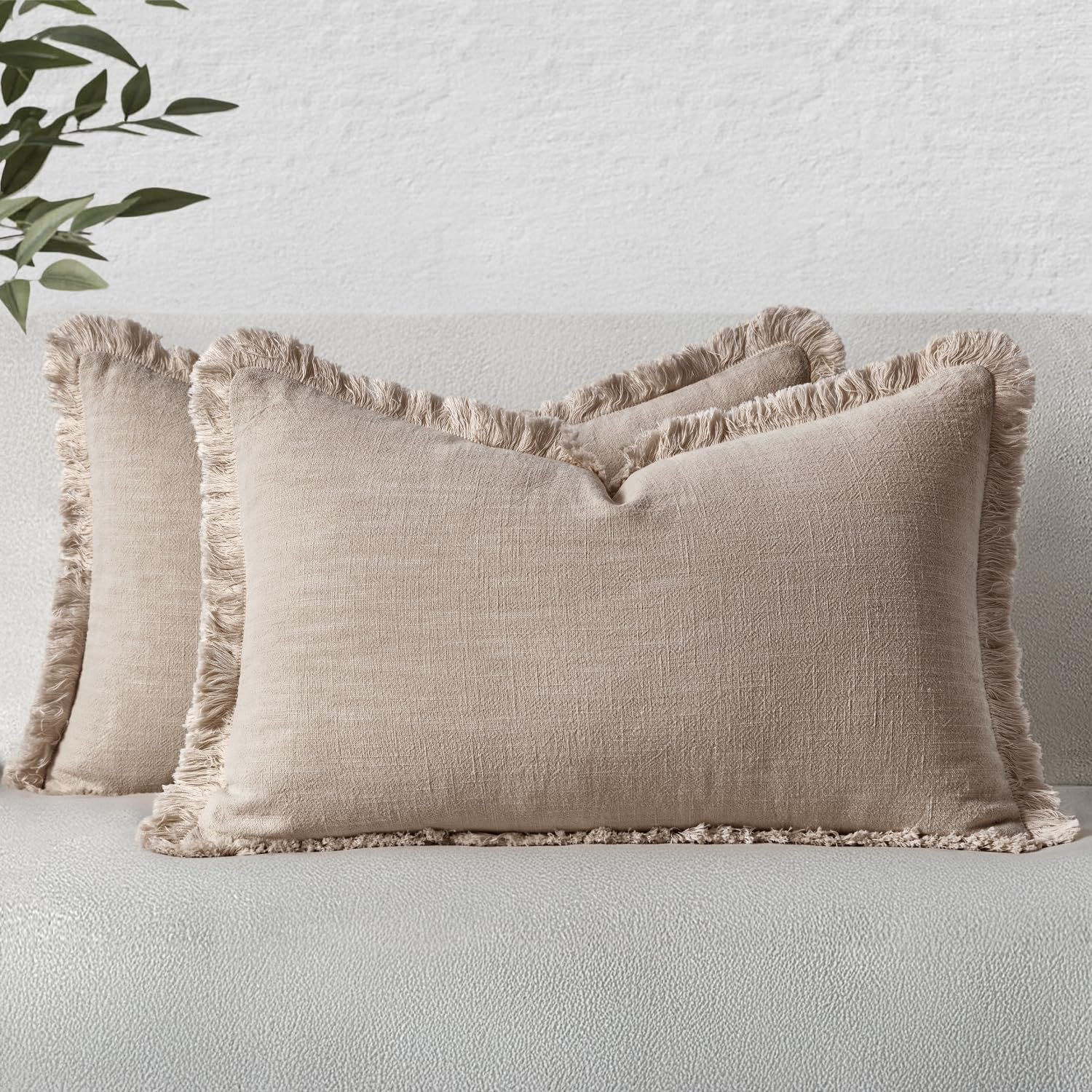 MIULEE Decorative Throw Pillow Covers Neutral Linen Fringe Throw Pillows Euro Shams Set of 2 Brown Boho Farmhouse Cushion Covers for Couch Sofa Bed Living Room Spring Home Decor 26x26 Inch