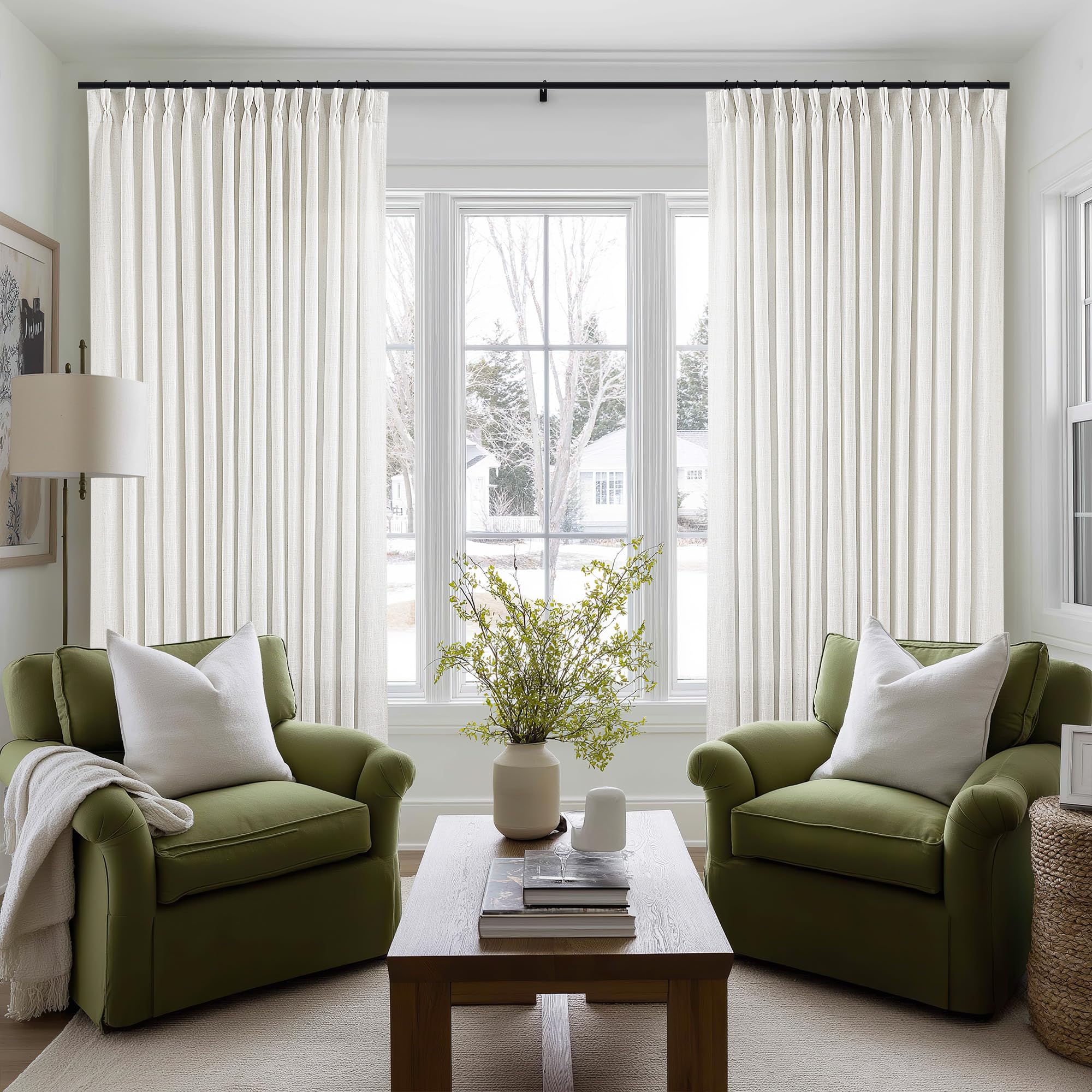 90 Inch Pinch Pleated Linen Curtains 2 Panel Set for Living Room Cream Natural Thick Linen Textured Drapes 90 Inches Long Pinch Pleat Drapes Birch Ivory Semi Sheer Curtain for Dining Bedroom Office