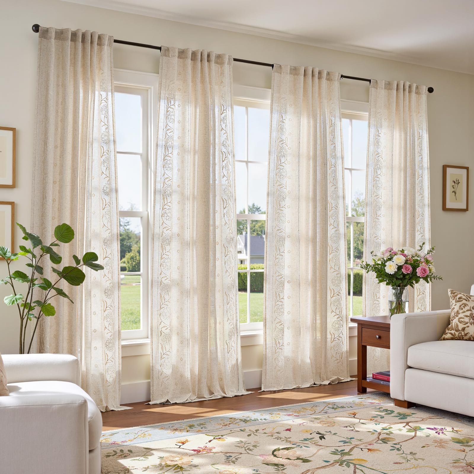 jinchan Winslow Linen Curtains for Bedroom 84 Inches Length Embroidered Bordered Floral Curtains for Living Room Farmhouse Decor Light Filtering Window Treatments Sage on Beige Drapes 2 Panels