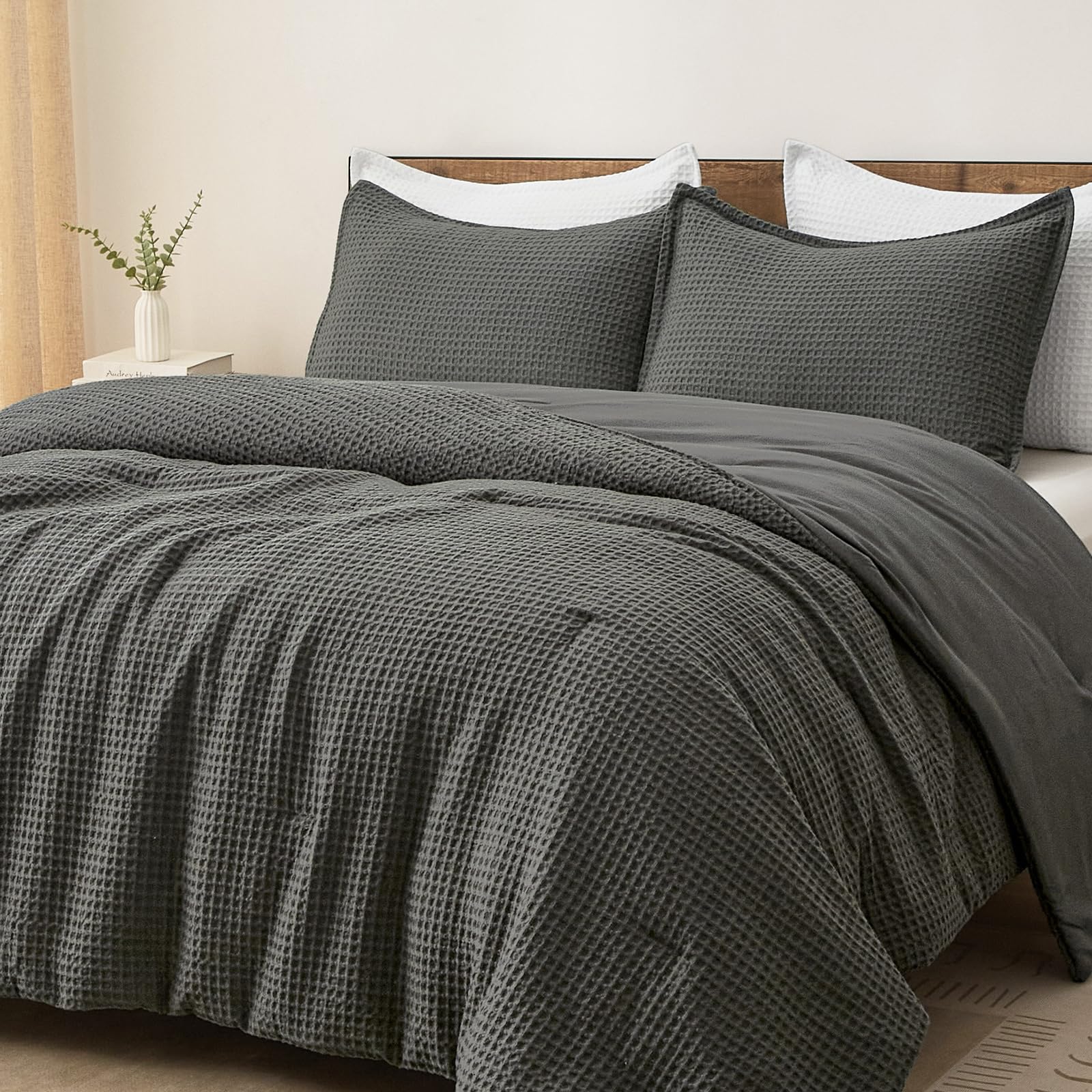 PHF Ultra Soft Waffle Weave Comforter Set Queen Size, 3 Pieces Lightweight Breathable Comfy Bedding Set, Comfy Textured 1 Comforter with 2 Pillow Shams, Linen