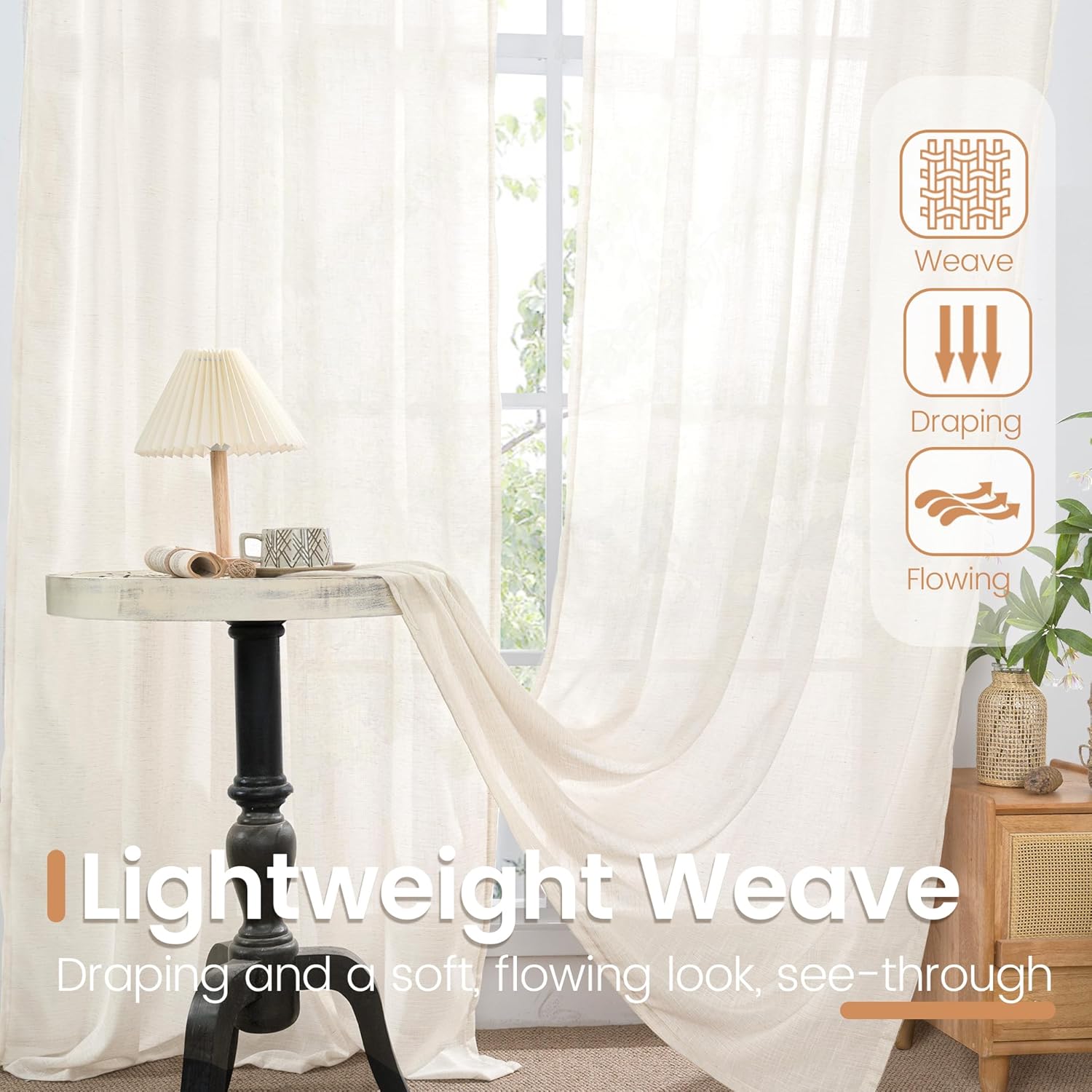 BGment 90 Inches Long Curtains Linen Semi Sheer, Light Filtering Window Treatments Drapes with Rod Pocket Lightweight for Living Room Bedroom, 2 Panels, 52 Inch Wide Each Panel