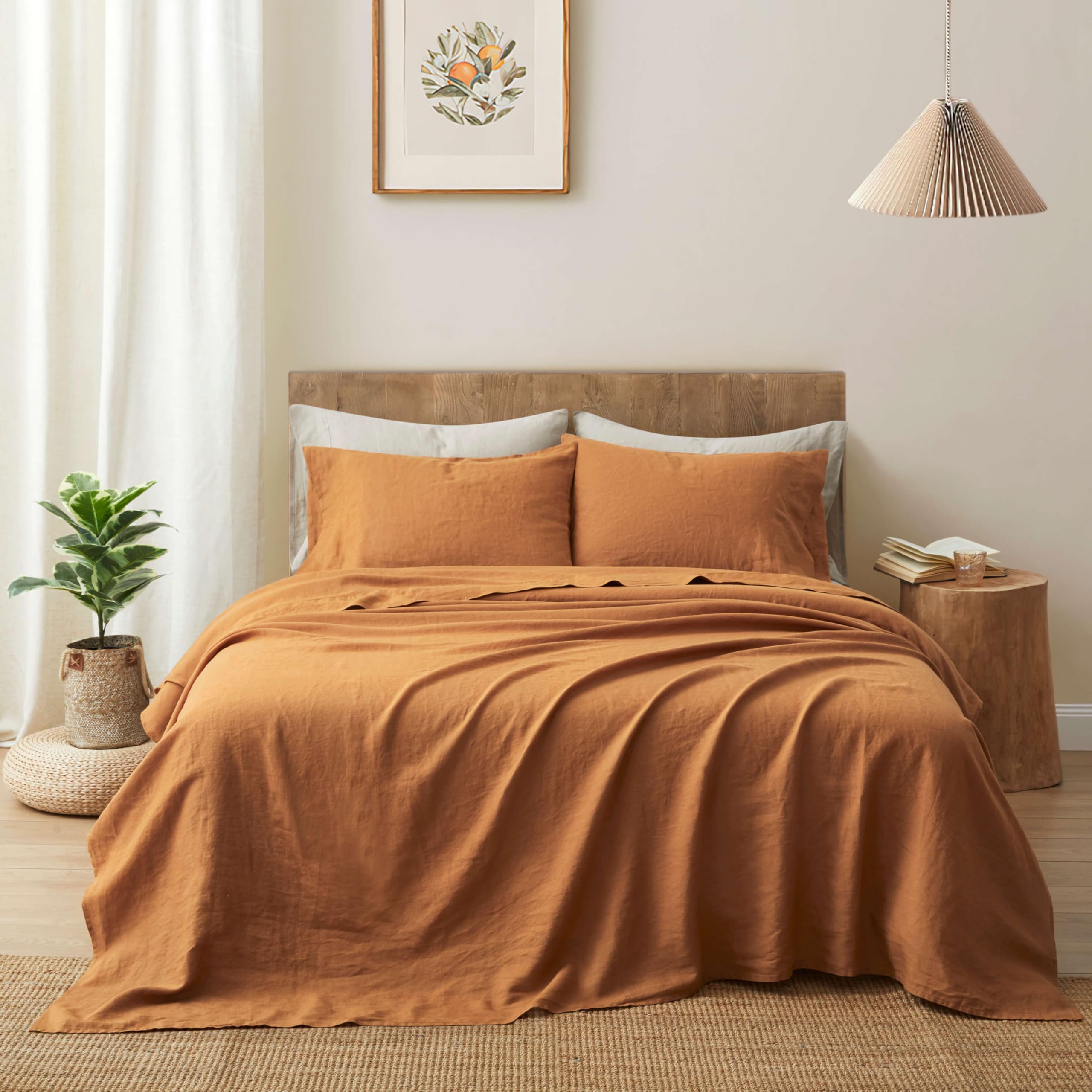 ATLINIA 100% Pure Flax Linen Bedding Set - Stone Washed French Linen Fabric Deep Pocket Fitted Sheet Farmhouse Flat Sheet 2 Pillowcases (Natural, Queen)