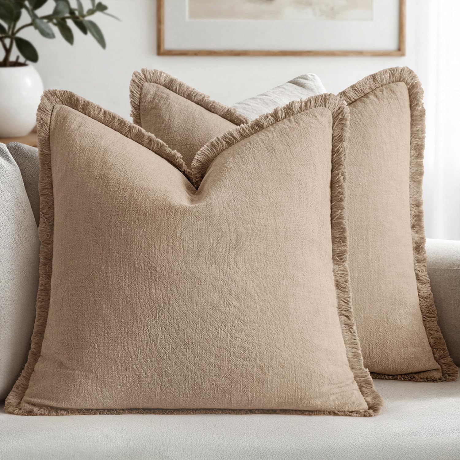 MIULEE Decorative Throw Pillow Covers Neutral Linen Fringe Throw Pillows Euro Shams Set of 2 Brown Boho Farmhouse Cushion Covers for Couch Sofa Bed Living Room Spring Home Decor 26x26 Inch