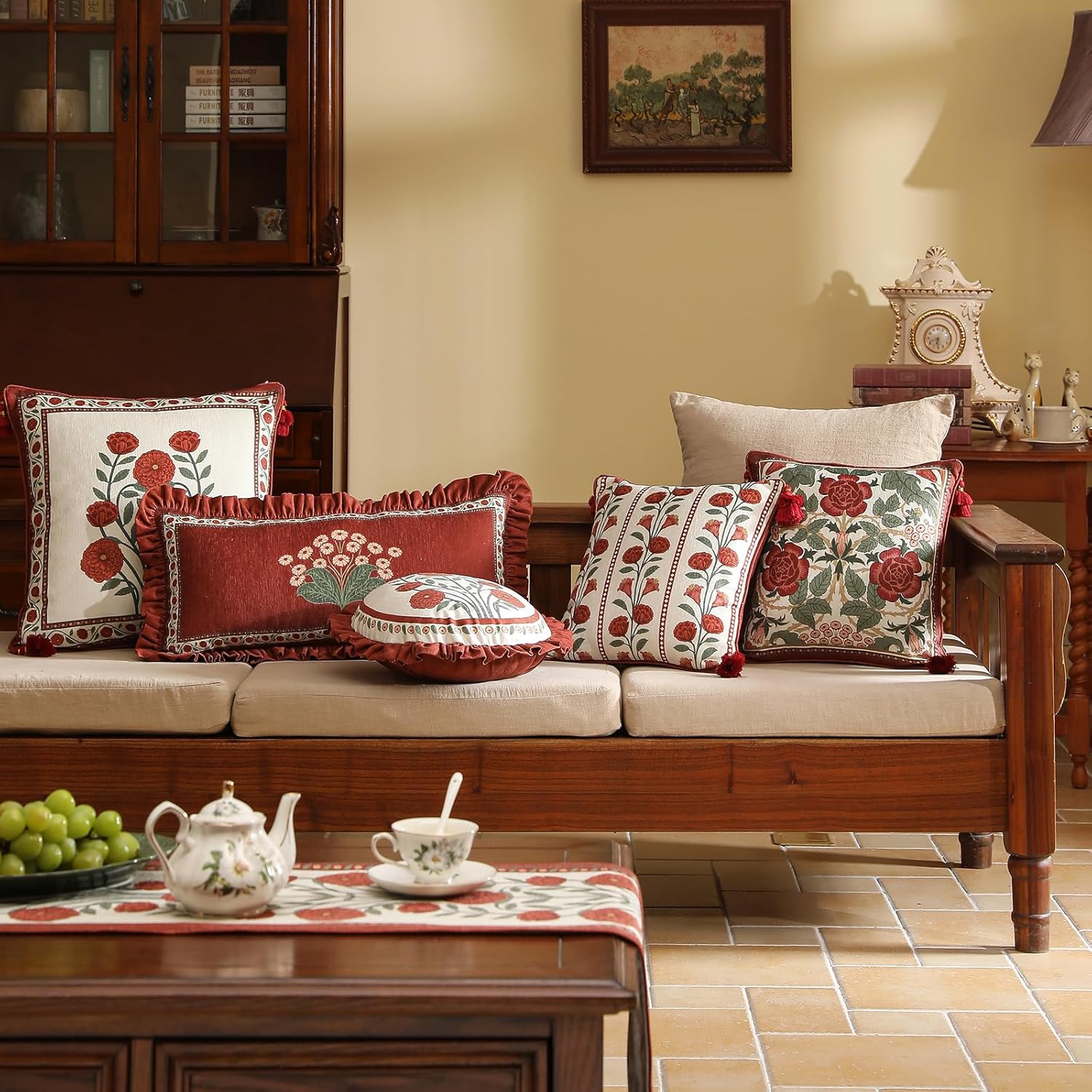bilin gaier Vintage Square Throw Pillow Covers Pack of 2,Red Cozy Velvet with Leaves and Floral Pattern Pillowcases,Decoration Pillows Cushion Covers for Living Room Couch Sofa Bed Car Chair,18"x18"