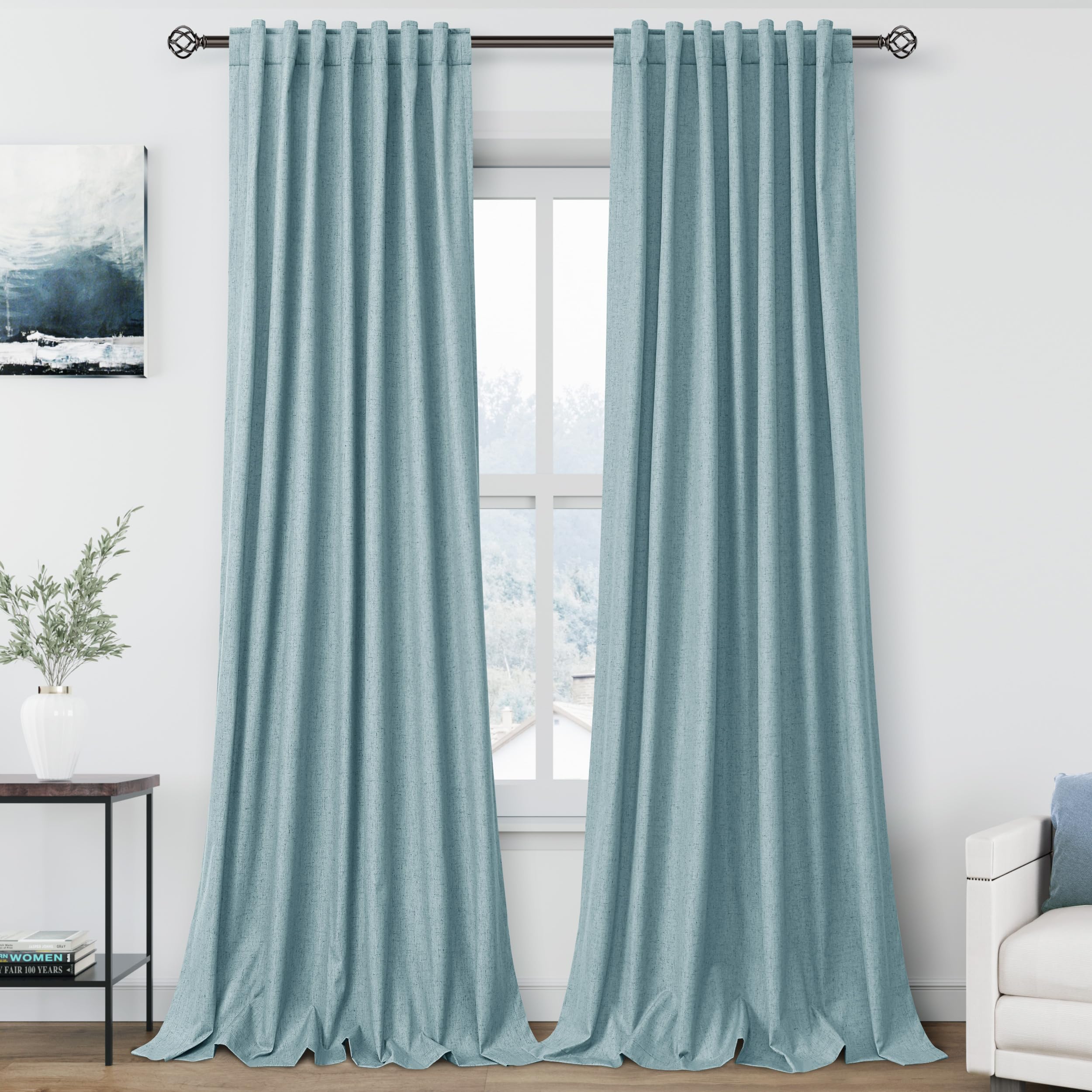 Nanspring Light Grey 100% Blackout Linen Curtains for Bedroom 90 Inches Long Back Tab Thermal Insulated Modern Luxury Simple Black Out Curtain for Living Room Dining Room Drapes 52x90, 2 Panels