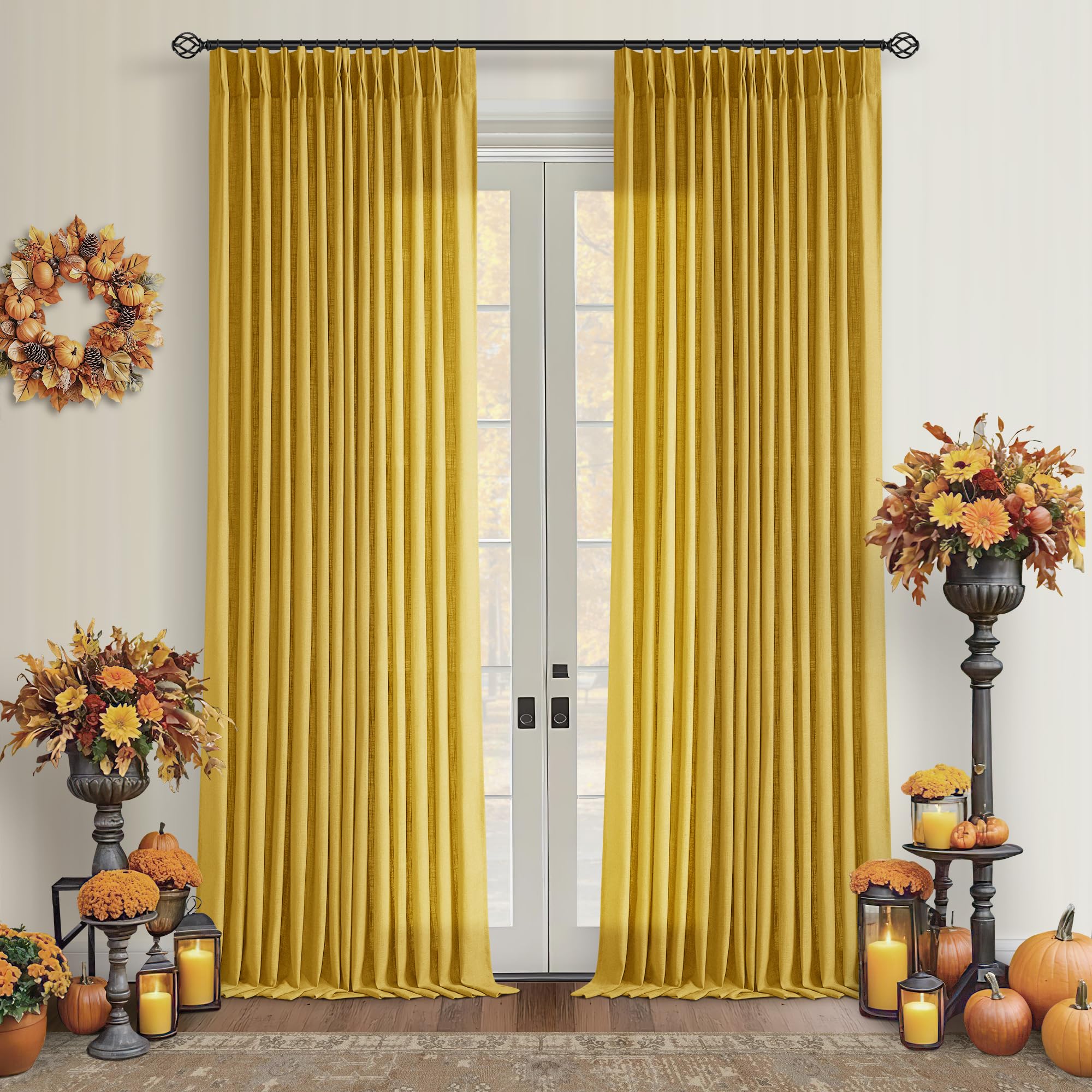 90 Inch Pinch Pleated Linen Curtains 2 Panel Set for Living Room Cream Natural Thick Linen Textured Drapes 90 Inches Long Pinch Pleat Drapes Birch Ivory Semi Sheer Curtain for Dining Bedroom Office