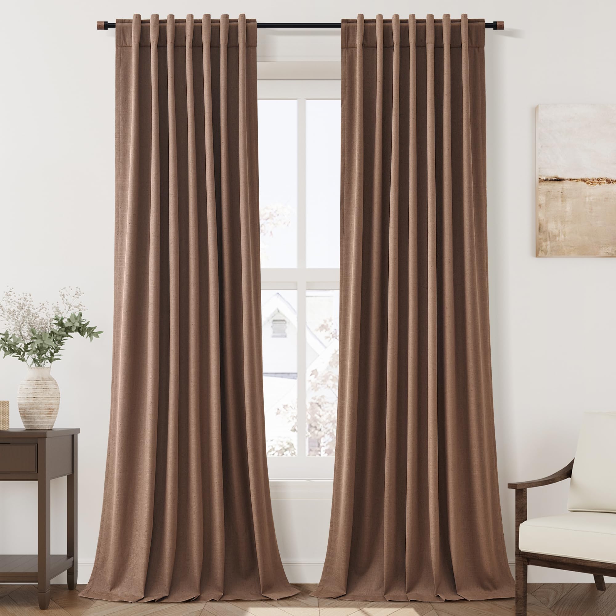 Nanspring Light Grey 100% Blackout Linen Curtains for Bedroom 90 Inches Long Back Tab Thermal Insulated Modern Luxury Simple Black Out Curtain for Living Room Dining Room Drapes 52x90, 2 Panels
