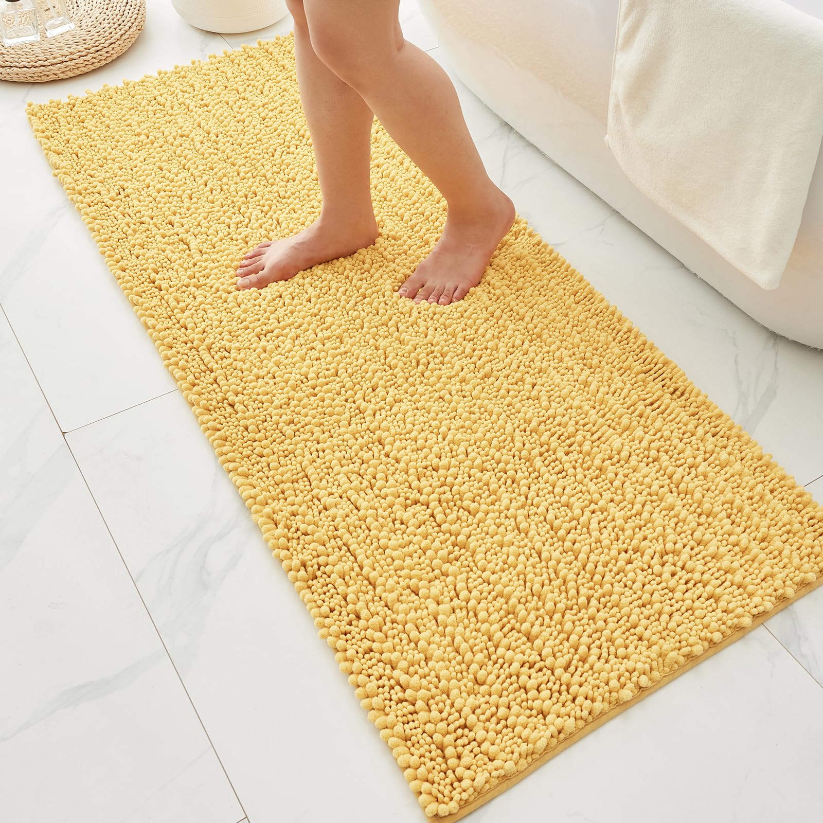 Bathroom Rugs Non Slip Washable 70x24, Extra Thick Soft Chenille Absorbent Bath Mat, High Density Barrier Non Slip Backing, Quick Dry Plush Shaggy Floor Carpet for Tub&Shower, White