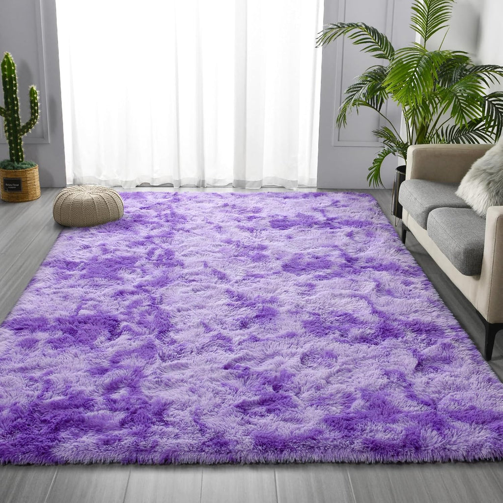Deerhoo Large Shag Area Rugs 5 x 8, Tie-Dyed Plush Fuzzy Rugs for Living Room, Ultra Soft Fluffy Furry Rug for Bedroom, Indoor Carpet Nursery Rugs for Kids Room Home Decor, Purple