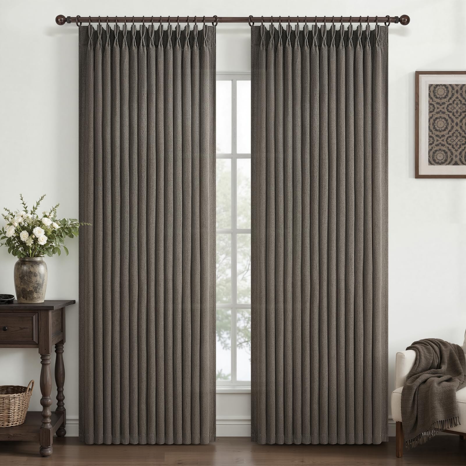 PleatedDrapes 96 Inch Curtains 2 Panel Set, Modern Linen Pleat Back Tab Dining Room Window Curtains Light Filtering Aesthetic Semi Sheer Living Room Drapes with Hooks Ring Cream Oatmeal W40 x L96
