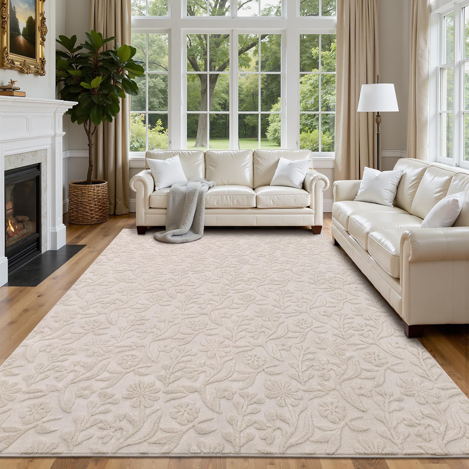 Vaukki Round Rug for Living Room, Soft Fluffy Washable Modern Floral Indoor Floor Mat, Non Slip Shaggy Boho Accent Throw Carpet for Bedroom, Living Room, Nursery and Dining Room, Beige, Round-6Ft