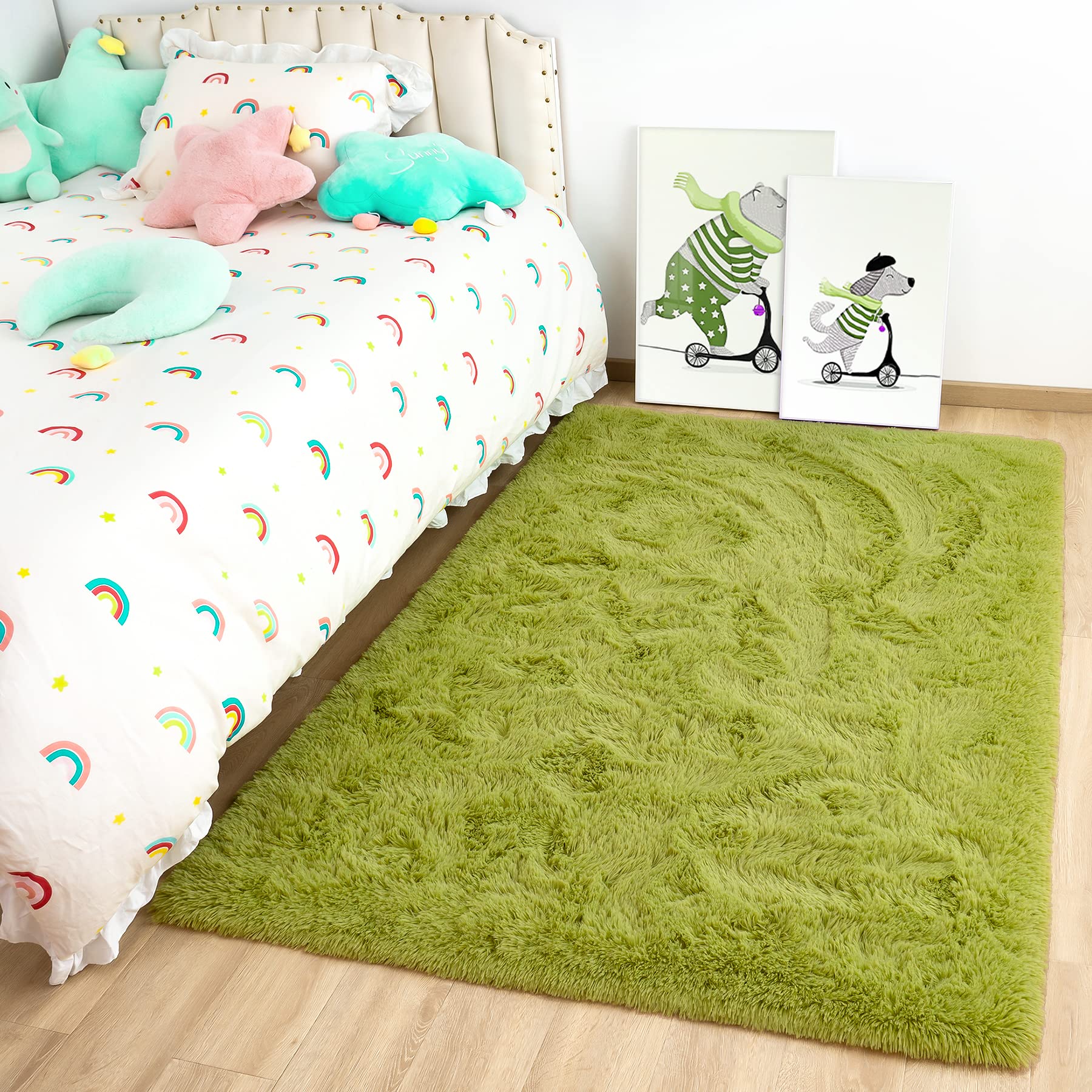8x10 Extra Large Green Area Rug for Living Room Bedroom Dining Room, Fluffy Shag Soft Plush Furry Carpet Solid Color, Non-Slip Indoor Floor Mat for Kids Home Decor