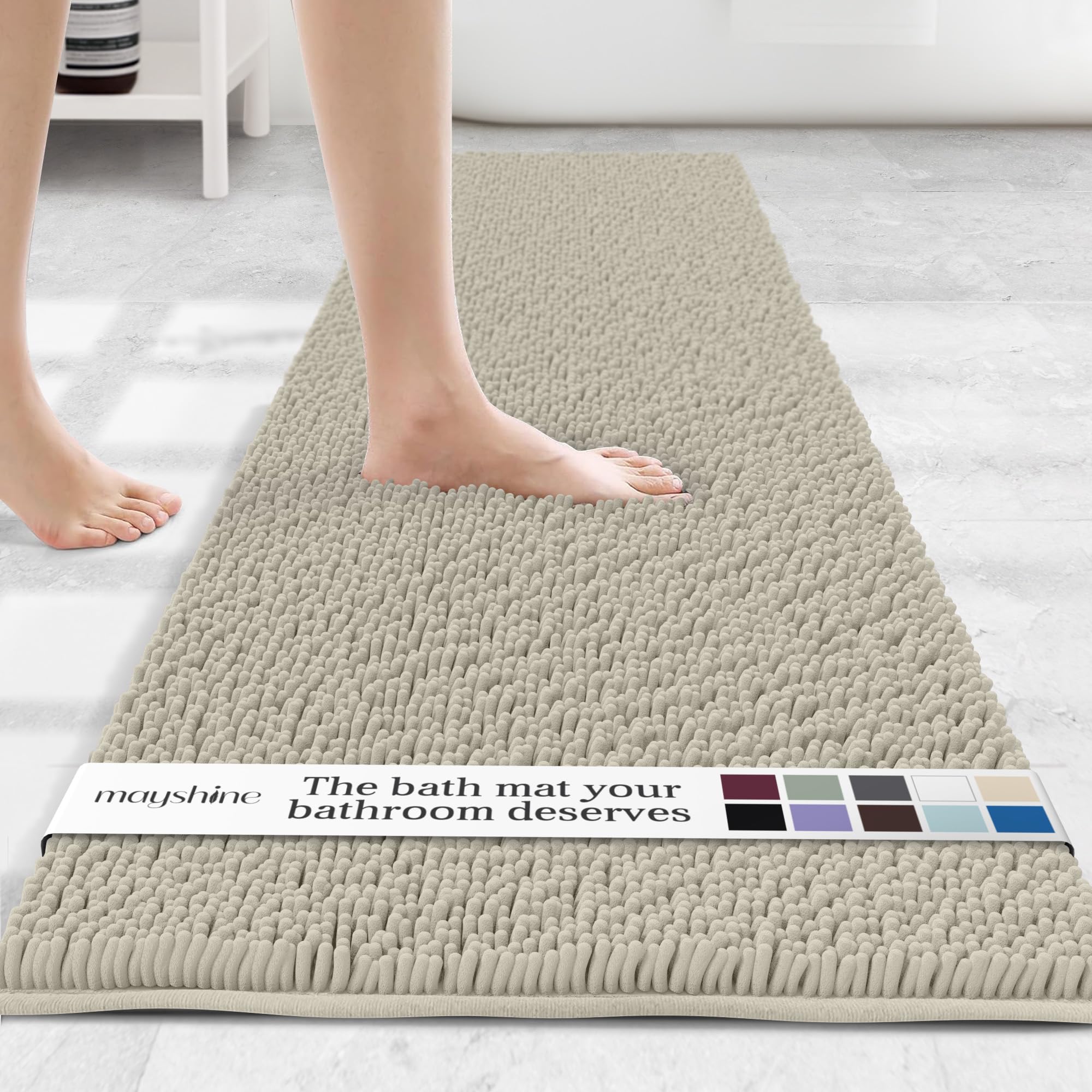 MAYSHINE Plush Shaggy Chenille Bath Mat | Extra Soft, Super Absorbent, Non-Slip Bathroom Rug | Fluffy Microfiber, Area Rug Sets for Bathroom Floor, Kitchen, Living Room | 59"x31" | Beige