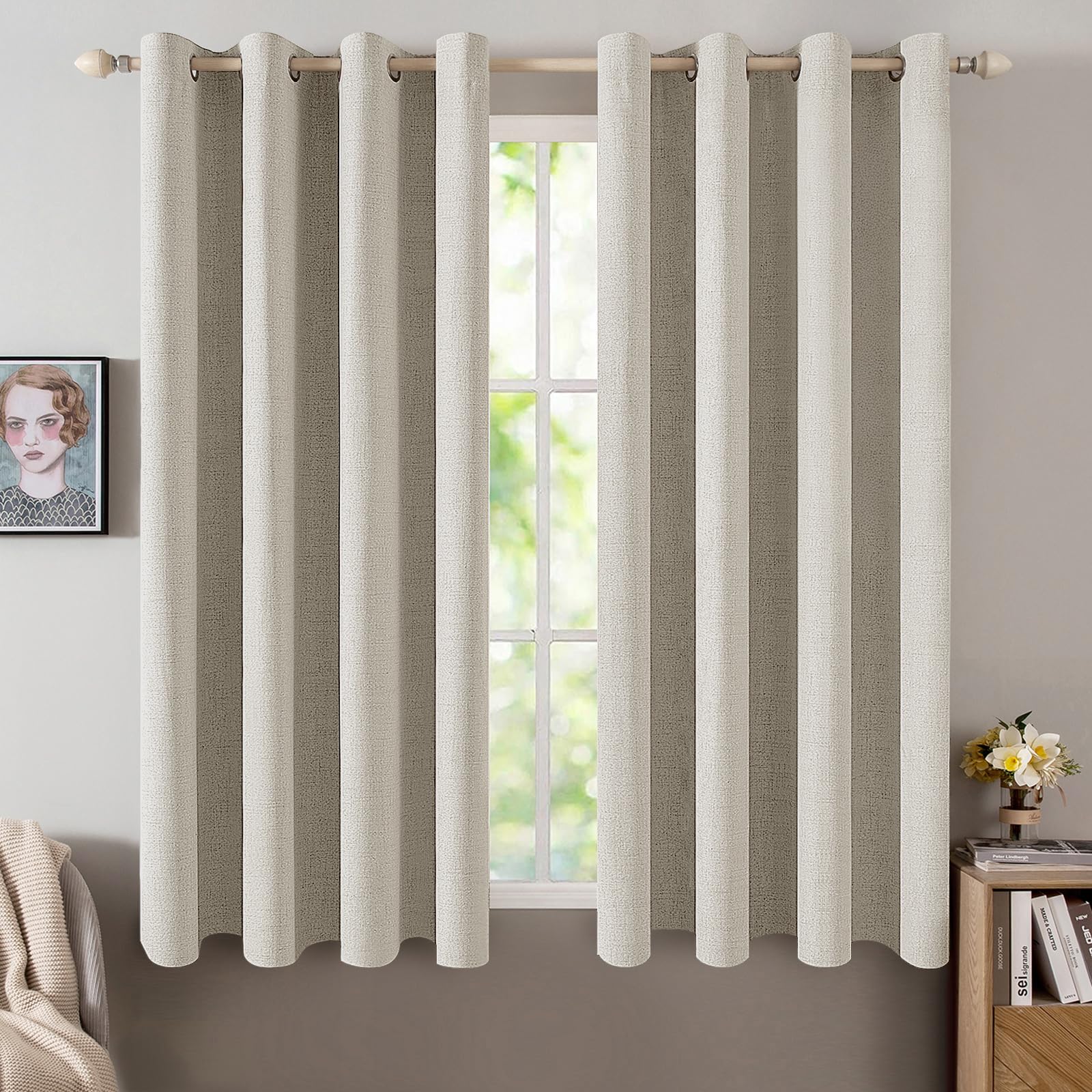 MIULEE 100% Blackout Linen Curtains for Bedroom Thermal Insulated Birch Grommet Room Darkening Curtains & Drapes for Living Room Nursery 52 x 96 Inch (2 Panels)