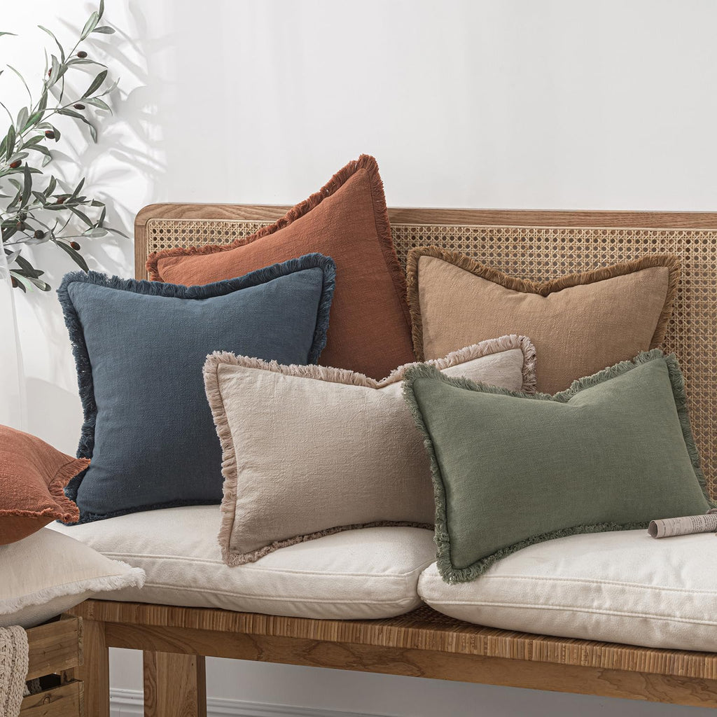 MIULEE Decorative Throw Pillow Covers Neutral Linen Fringe Throw Pillows Set of 2 Natural Linen Boho Farmhouse Cushion Covers with Tassels for Couch Sofa Bed Spring Home Decor 28x28 Inch