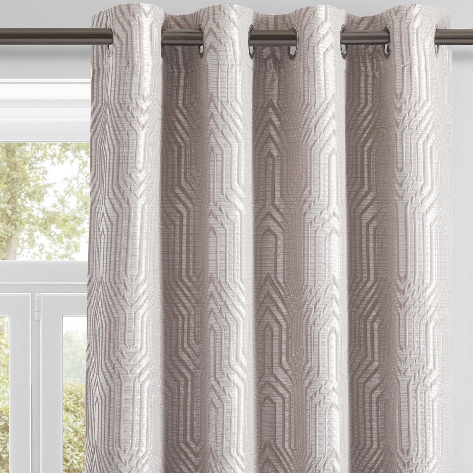 Beige and Silvery 100% Blackout Jacquard Geometric Pattern Curtains,52 Inch Wide 84 Inches Long 2 Panels, Thermal Insulated Noise Reducing Anti-Rust Grommet Drapes for Bedroom Living Room, Cream