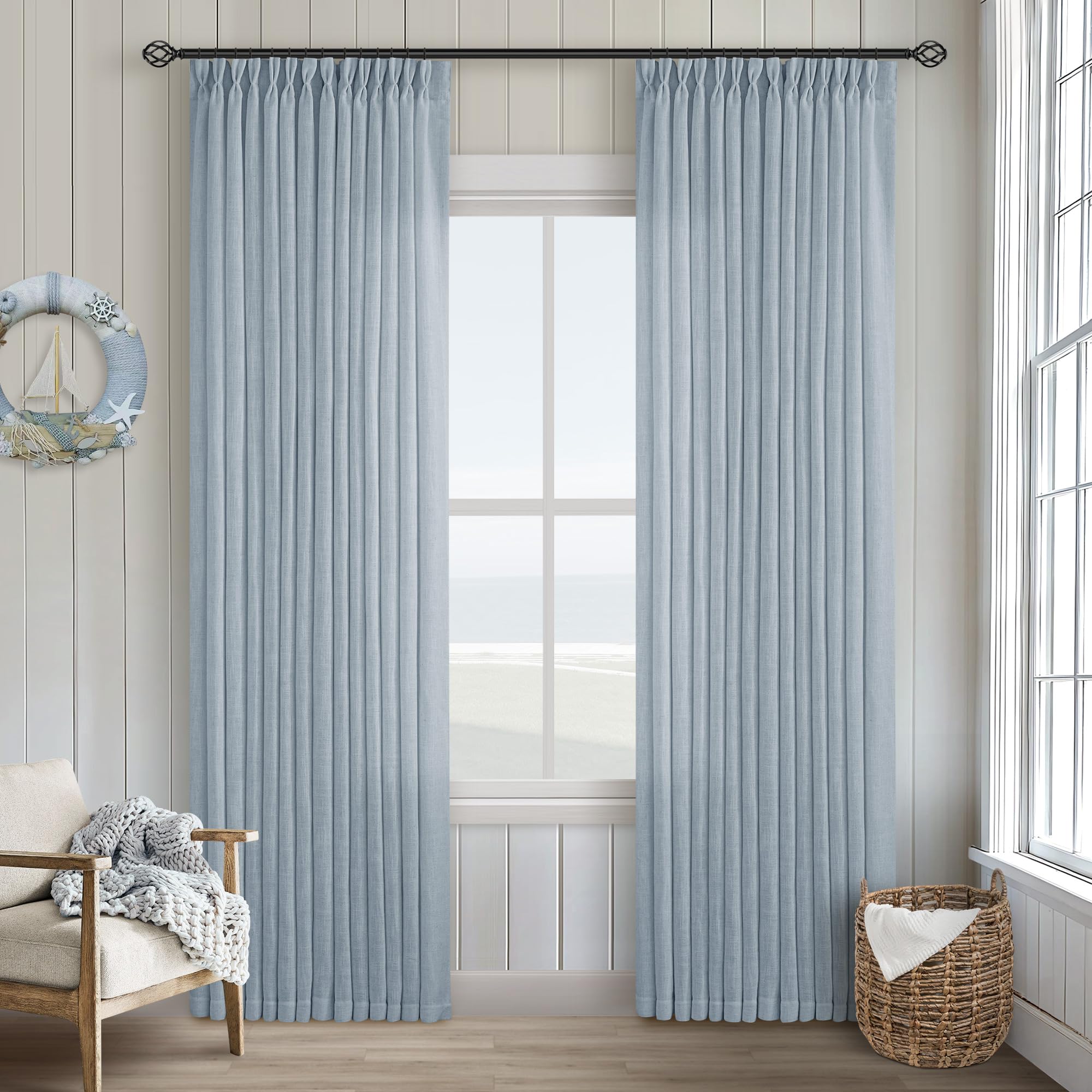90 Inch Pinch Pleated Linen Curtains 2 Panel Set for Living Room Cream Natural Thick Linen Textured Drapes 90 Inches Long Pinch Pleat Drapes Birch Ivory Semi Sheer Curtain for Dining Bedroom Office