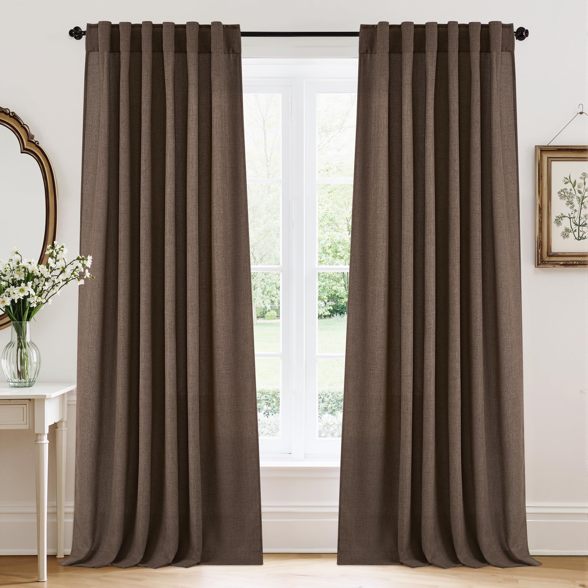 RYB HOME Farmhouse Sheer Curtains 108 inch Length, Semi Sheer Curtain & Drapes Large Window Dressing Lights & Winds Filter for Bedroom Home Office Living Room, Linen, W 70 x L 108 inch Long, 1 Pair
