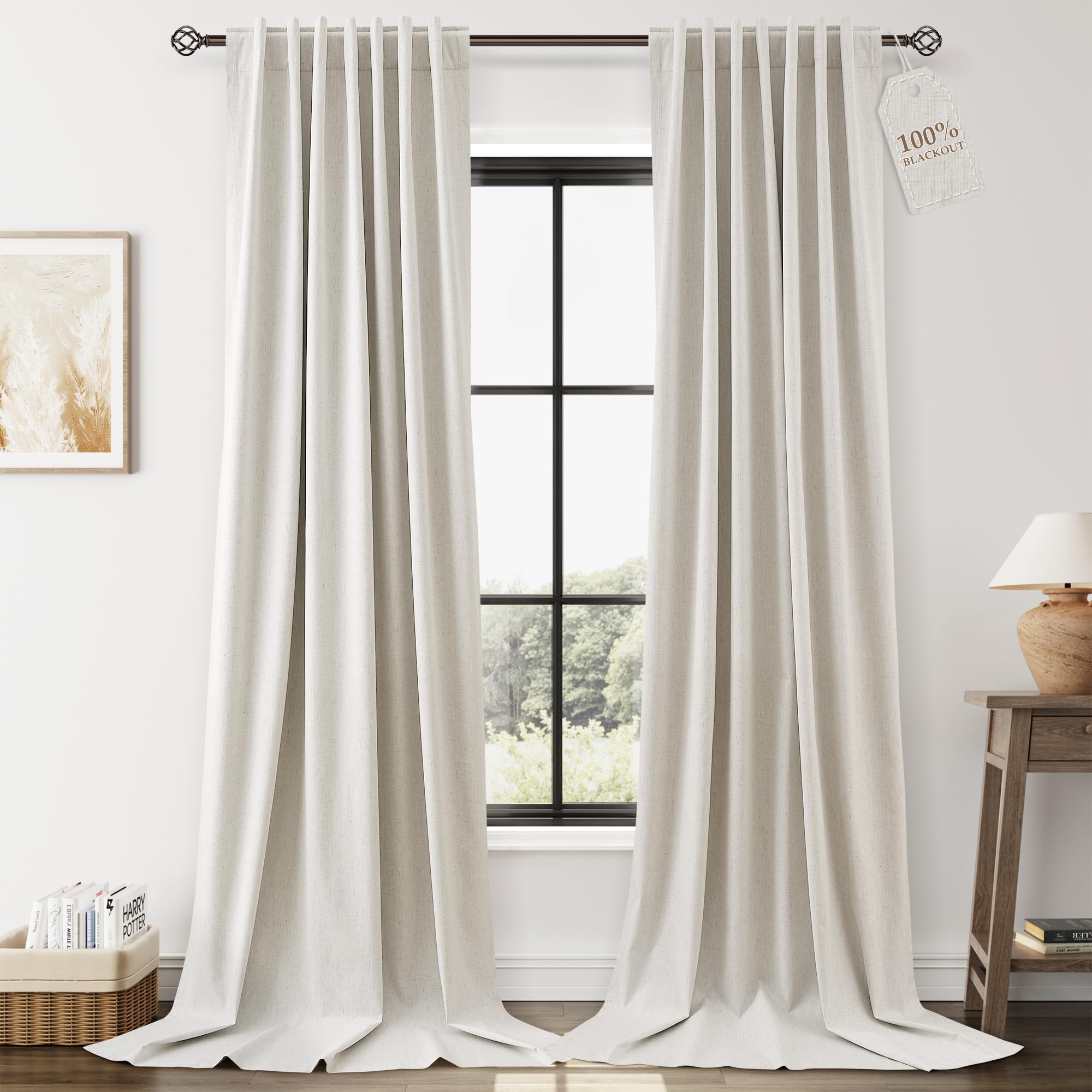 Nanspring Light Grey 100% Blackout Linen Curtains for Bedroom 90 Inches Long Back Tab Thermal Insulated Modern Luxury Simple Black Out Curtain for Living Room Dining Room Drapes 52x90, 2 Panels