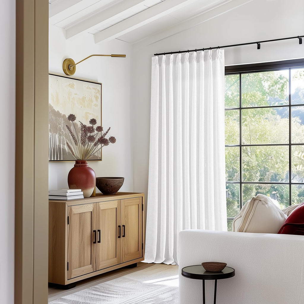 90 Inch Pinch Pleated Linen Curtains 2 Panel Set for Living Room Cream Natural Thick Linen Textured Drapes 90 Inches Long Pinch Pleat Drapes Birch Ivory Semi Sheer Curtain for Dining Bedroom Office