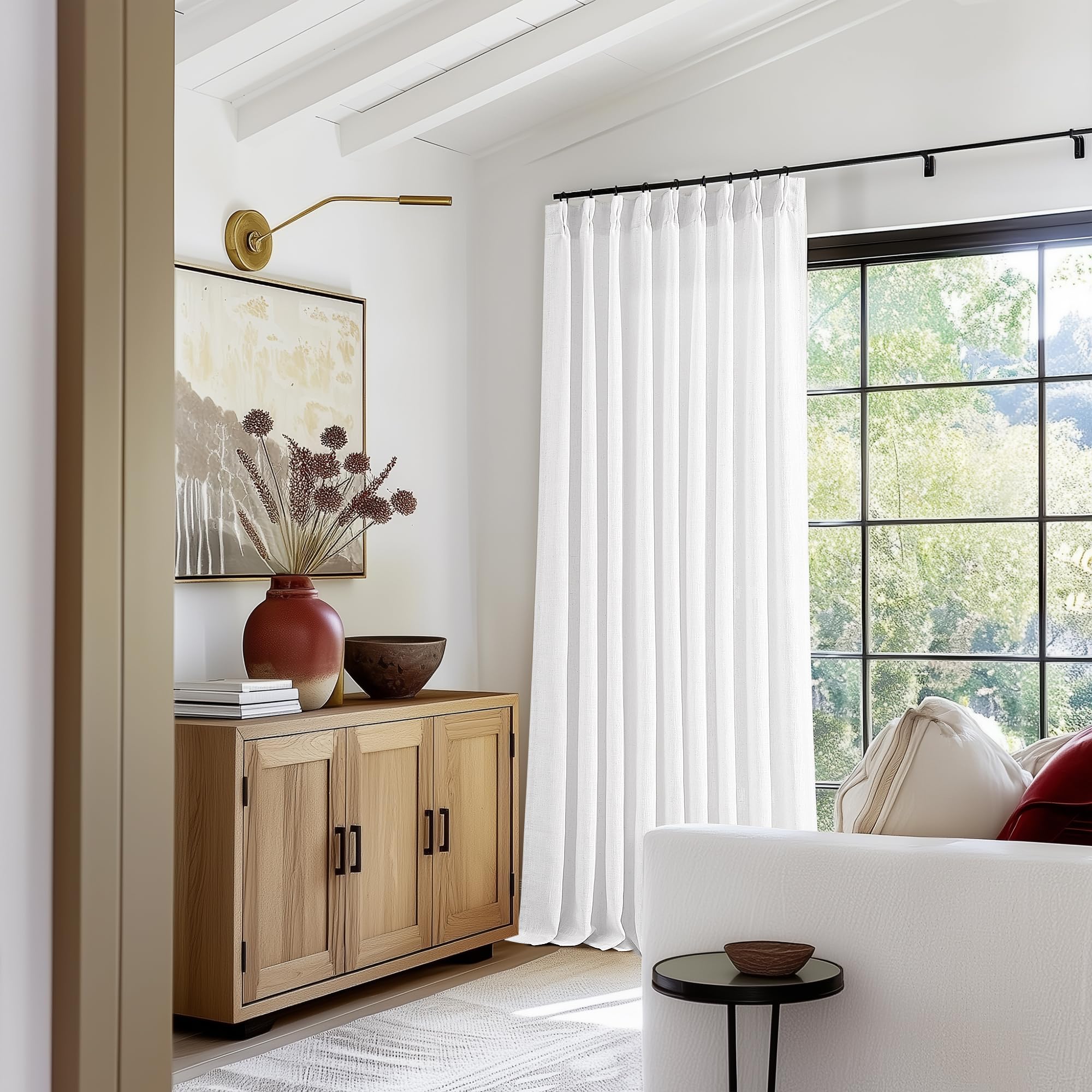 90 Inch Pinch Pleated Linen Curtains 2 Panel Set for Living Room Cream Natural Thick Linen Textured Drapes 90 Inches Long Pinch Pleat Drapes Birch Ivory Semi Sheer Curtain for Dining Bedroom Office