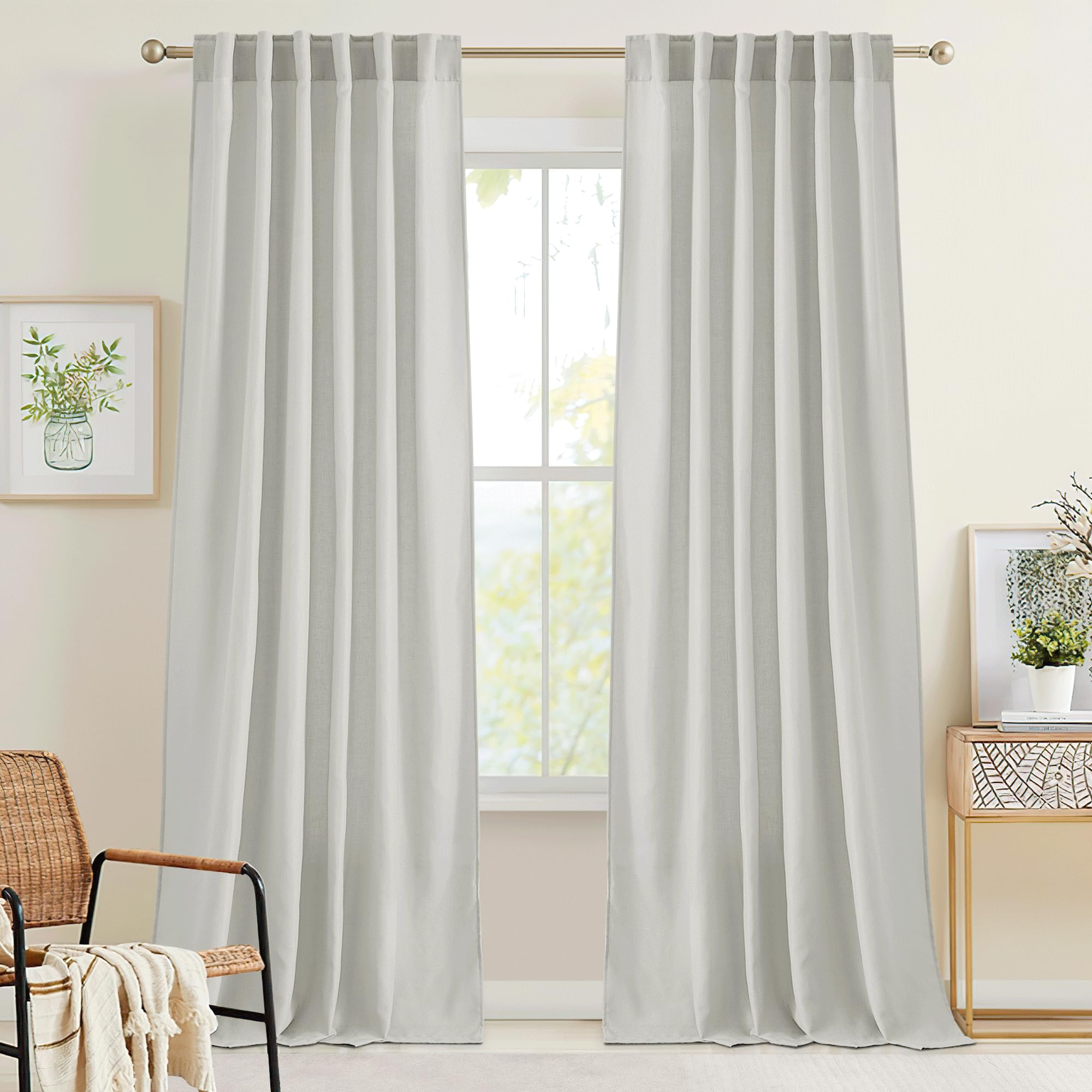RYB HOME Farmhouse Sheer Curtains 108 inch Length, Semi Sheer Curtain & Drapes Large Window Dressing Lights & Winds Filter for Bedroom Home Office Living Room, Linen, W 70 x L 108 inch Long, 1 Pair