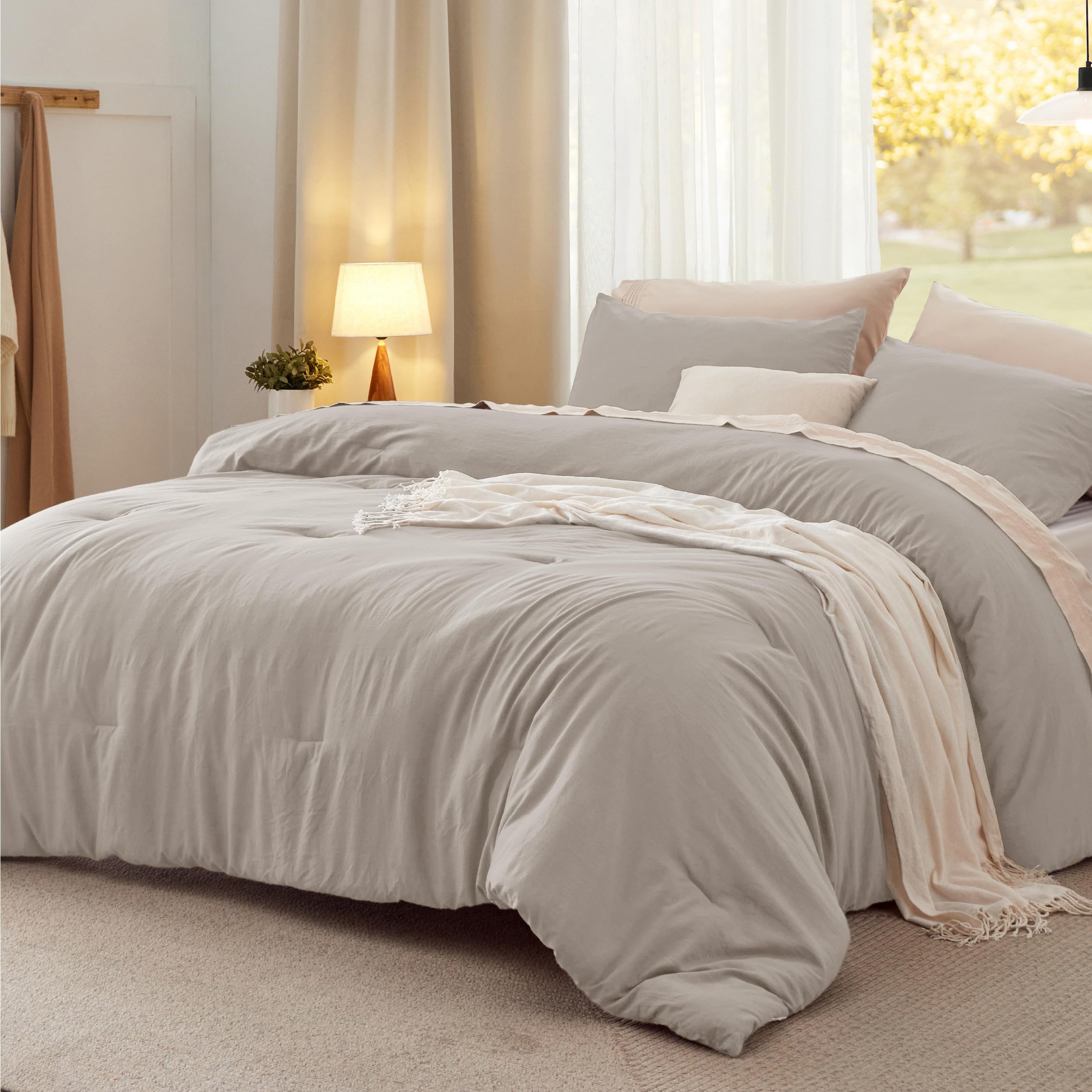 Bedsure King Comforter Set, Beige Soft Prewashed Bedding for All Seasons, 3 Pieces GentleSoft™ Bed Set, 1 Lightweight Comforter (104"x90") and 2 Pillowcases (20"x36")