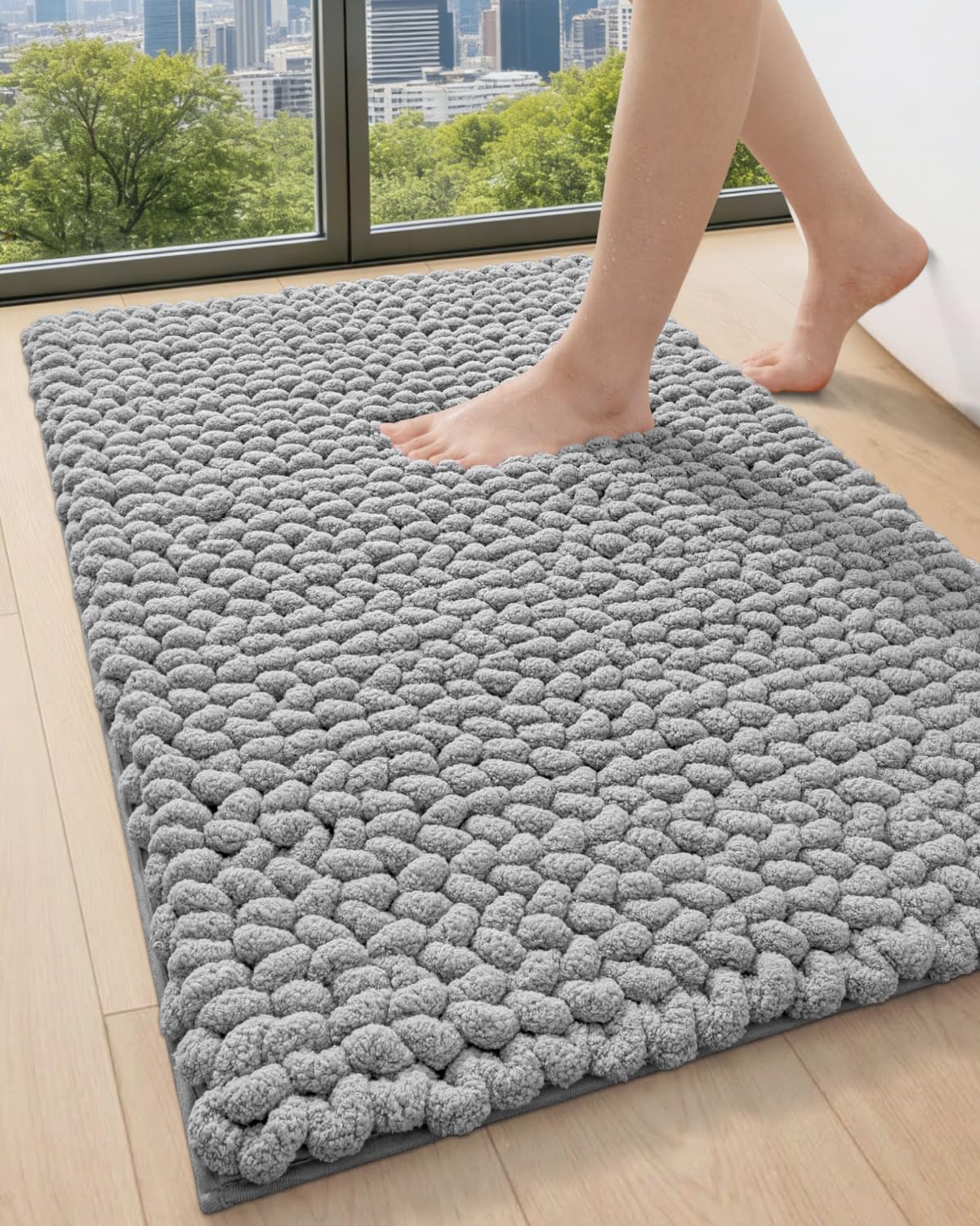 DEXI Bathroom Rugs 24x43, Non Slip Washable Bath Mat, Luxury Chenille Super Absorbent Ultra Thick Bathmats for Shower Floor, Plush Fluffy Shaggy Carpet for Tub, Beige
