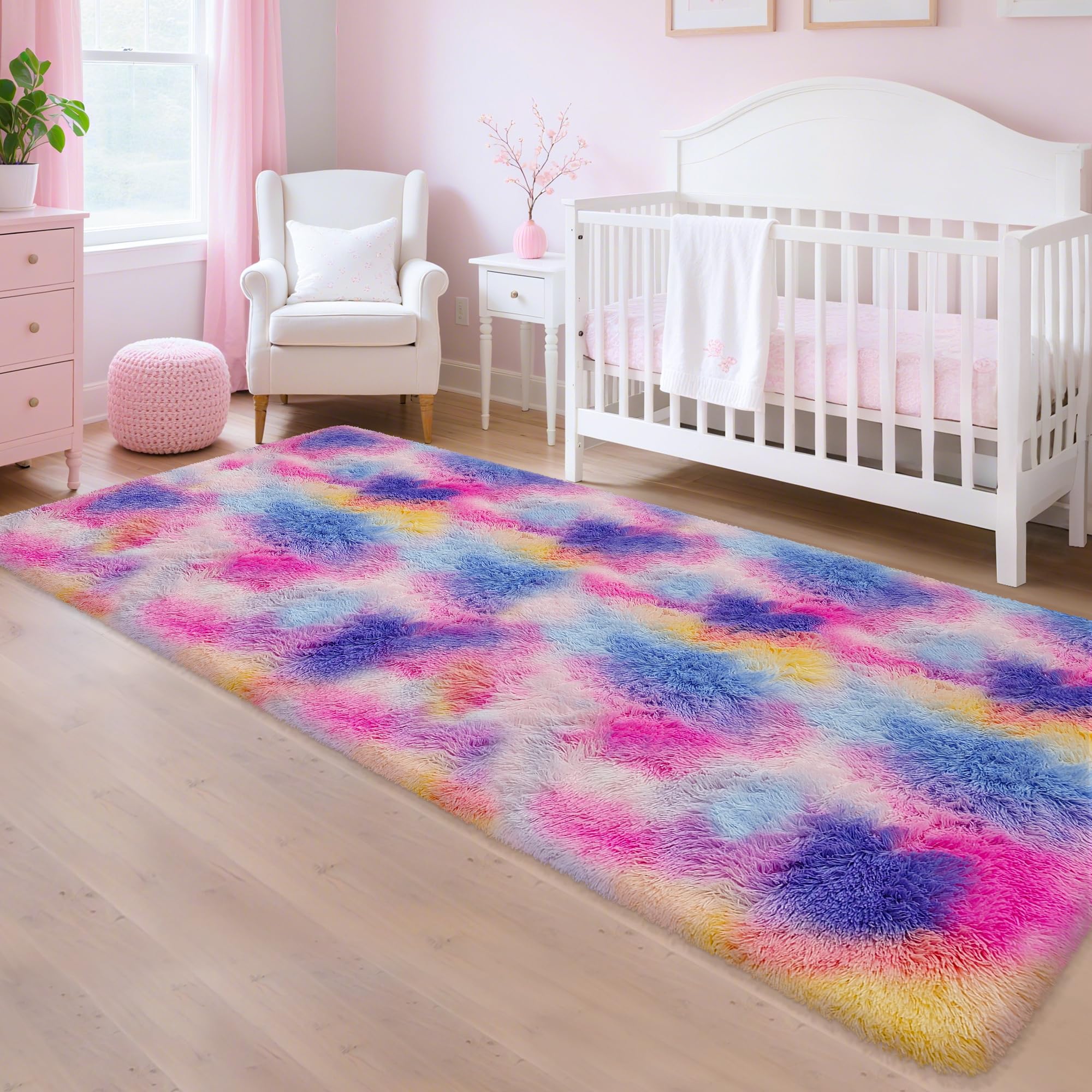 5x8 Ft Light Grey Large Area Rugs for Bedroom,Fluffy Furry Rug Floor Carpets Shaggy Playing Mat for Kids Baby Girls Room Nursery Home Decor Tie Dyed Gray Thick Rugs Fuzzy Home Decor