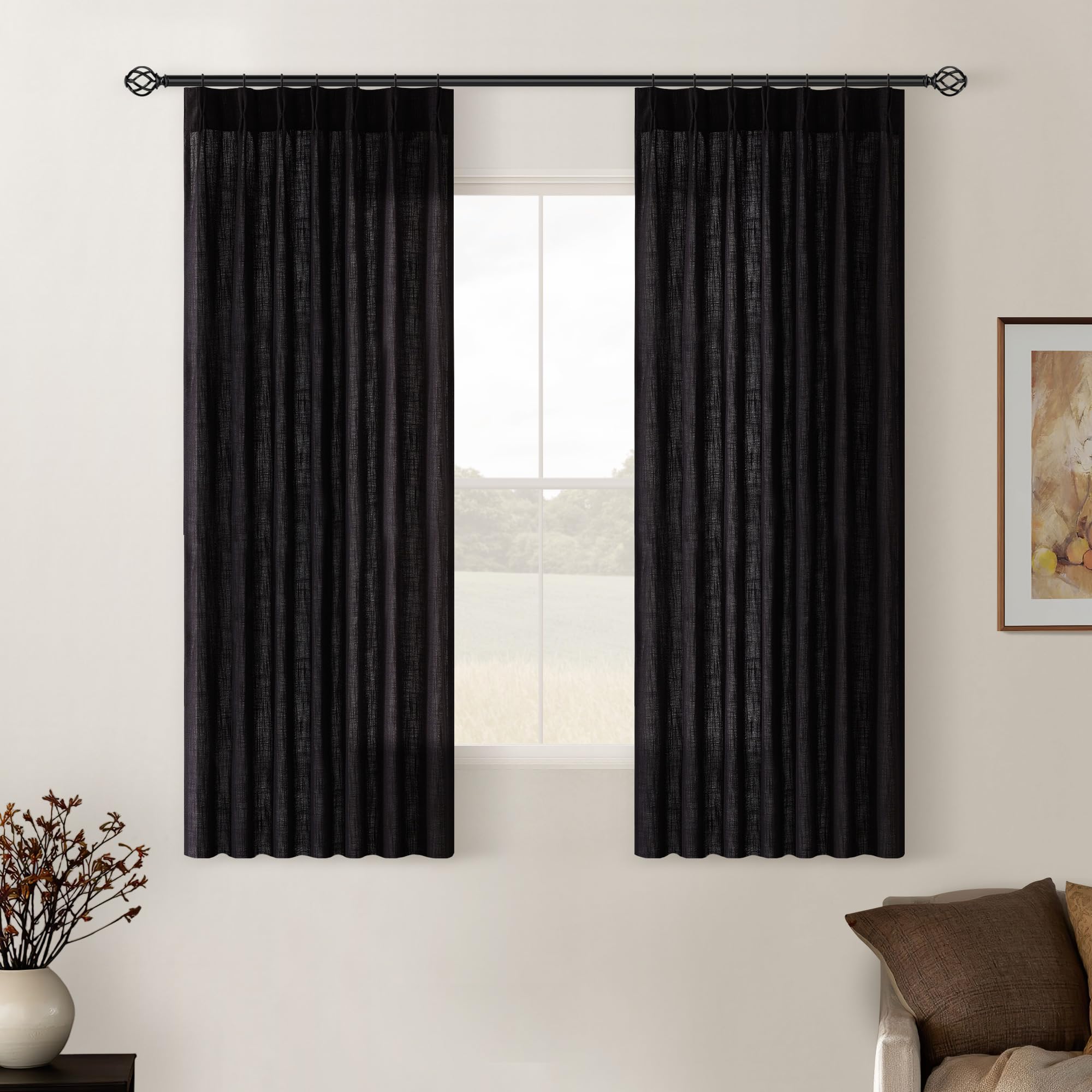 90 Inch Pinch Pleated Linen Curtains 2 Panel Set for Living Room Cream Natural Thick Linen Textured Drapes 90 Inches Long Pinch Pleat Drapes Birch Ivory Semi Sheer Curtain for Dining Bedroom Office