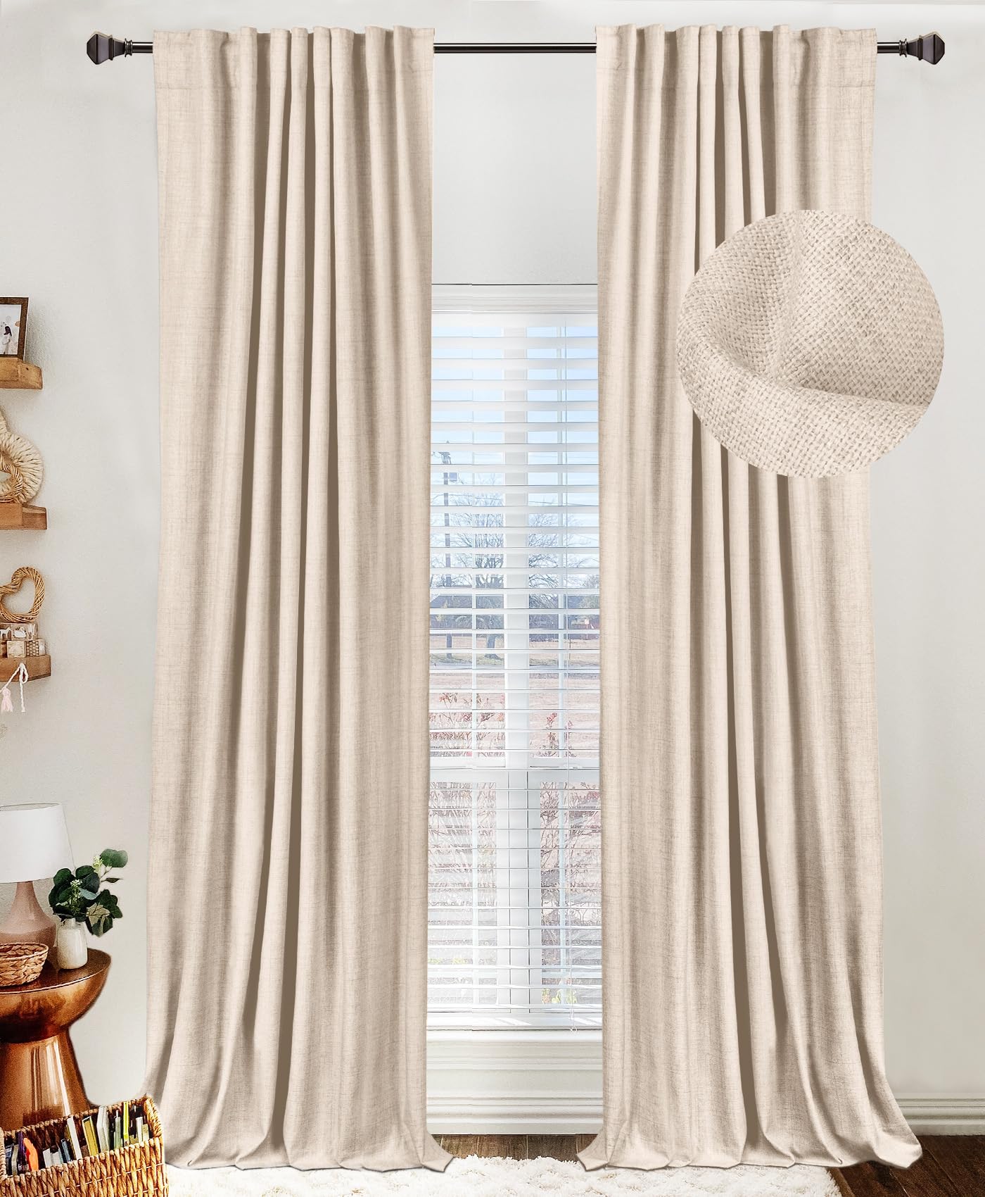 Oatmeal 2-Panel Linen Blackout Curtains, 50"W x 96"L, Thermal Insulated, Back Tab & Rod Pocket for Bedroom & Living Room