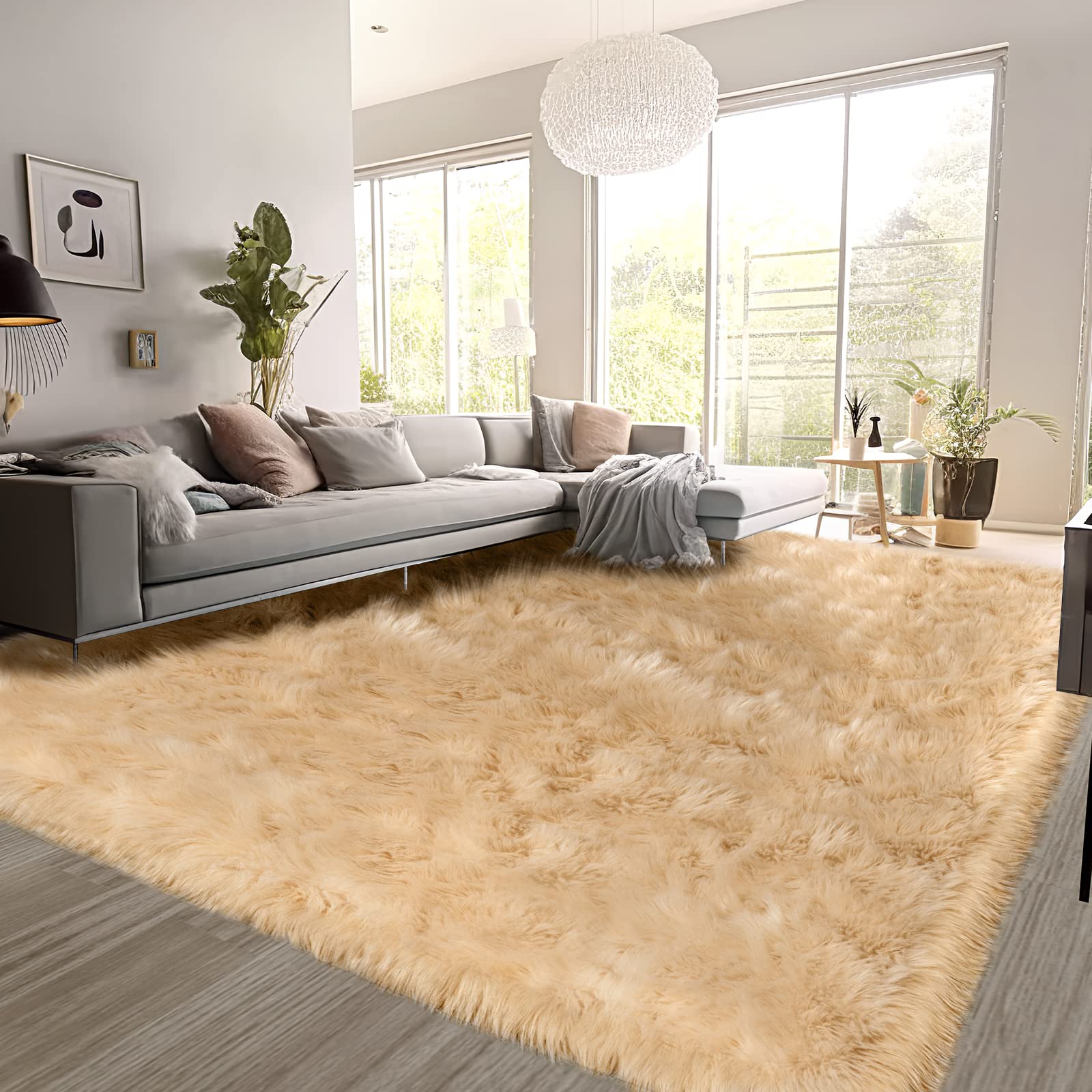 SERISSA Soft Fluffy Area Rug, Coal Black Faux Sheepskin Fur Rug, Shaggy Rug for Bedroom Floor Fuzzy Carpet for Living Room 4x6 Feet