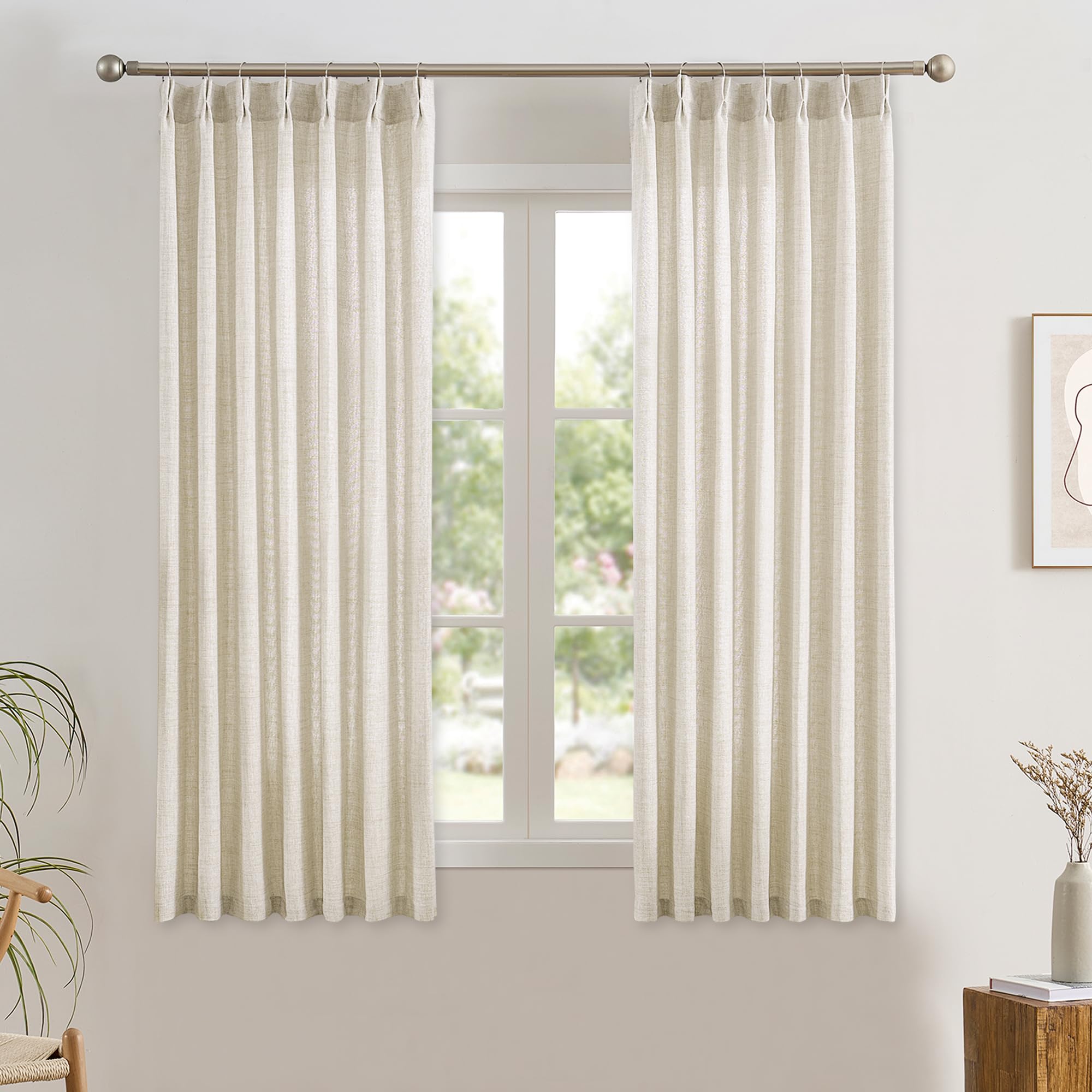 RAIN CITY 102 Inch Curtains Pinch Pleated 2 Panels Set, Back Tab with Hooks Semi Sheer Linen Curtains for Living Room Primitive Window Drapes for Sliding Door Sand Beach Decor 42 Each Wide