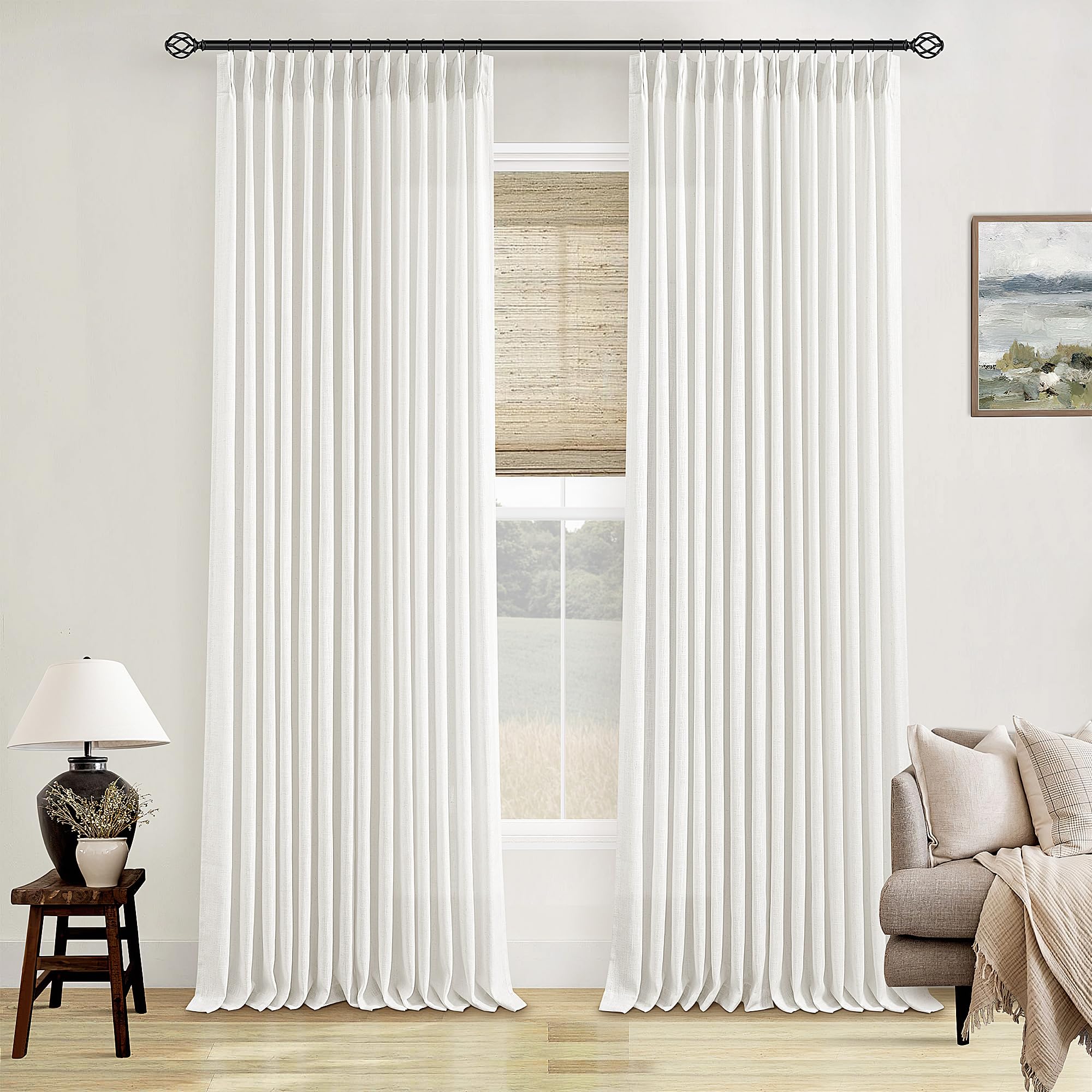 90 Inch Pinch Pleated Linen Curtains 2 Panel Set for Living Room Cream Natural Thick Linen Textured Drapes 90 Inches Long Pinch Pleat Drapes Birch Ivory Semi Sheer Curtain for Dining Bedroom Office