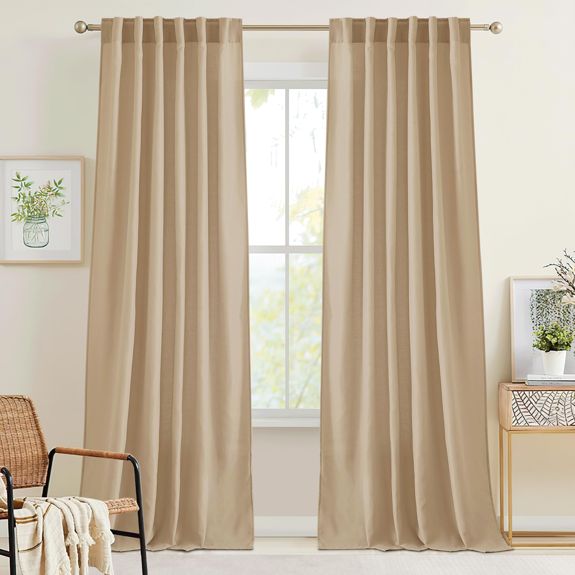 RYB HOME Farmhouse Sheer Curtains 108 inch Length, Semi Sheer Curtain & Drapes Large Window Dressing Lights & Winds Filter for Bedroom Home Office Living Room, Linen, W 70 x L 108 inch Long, 1 Pair