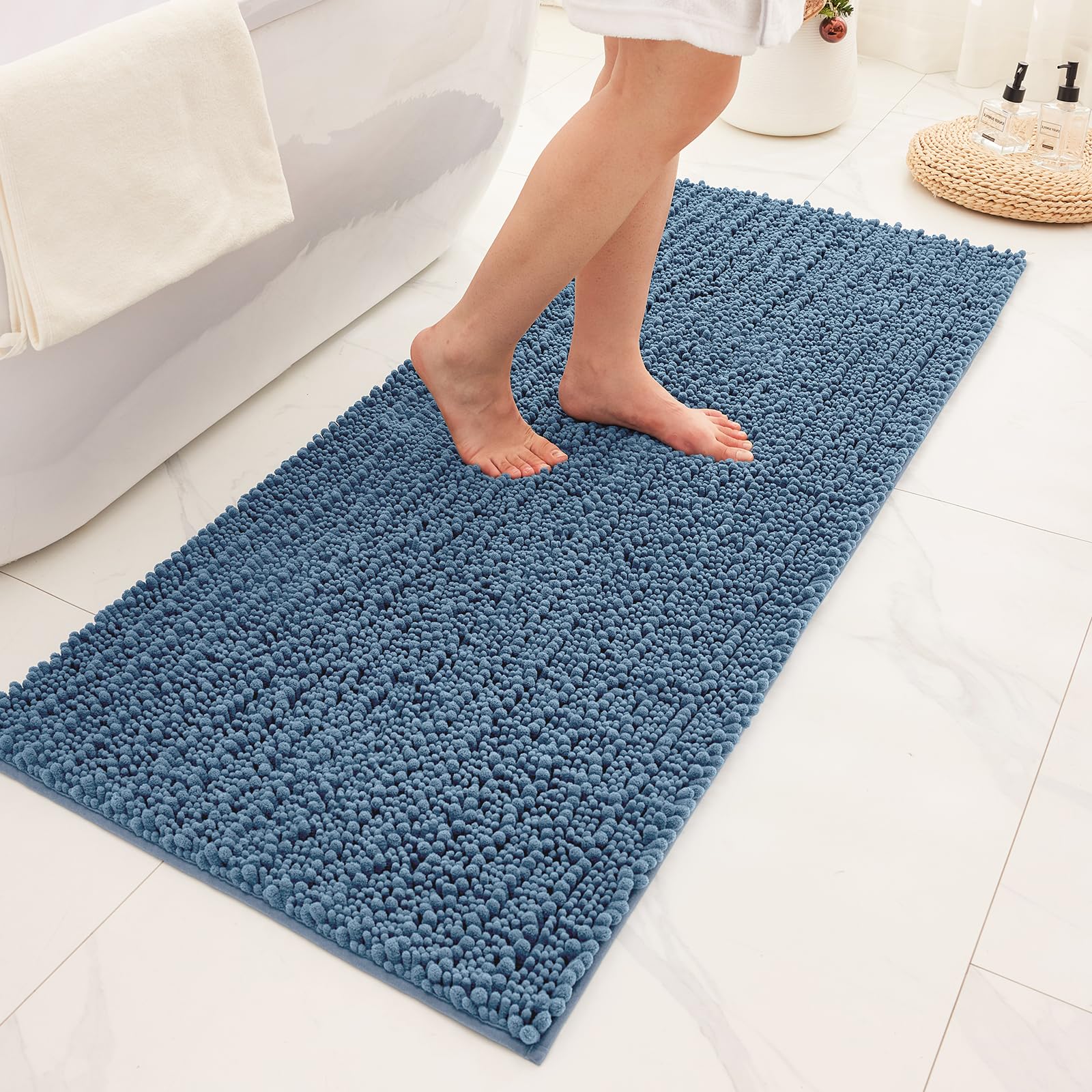 Bathroom Rugs Non Slip Washable 70x24, Extra Thick Soft Chenille Absorbent Bath Mat, High Density Barrier Non Slip Backing, Quick Dry Plush Shaggy Floor Carpet for Tub&Shower, White
