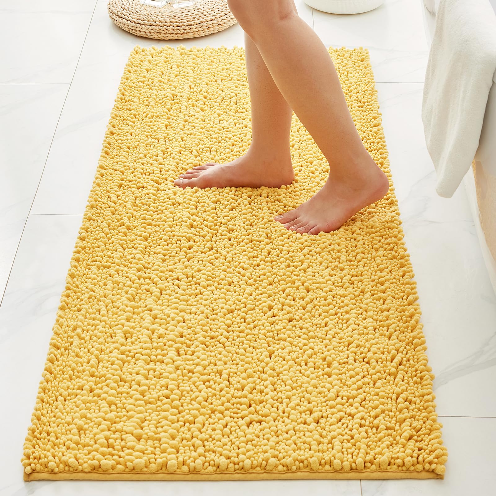 Bathroom Rugs Non Slip Washable 70x24, Extra Thick Soft Chenille Absorbent Bath Mat, High Density Barrier Non Slip Backing, Quick Dry Plush Shaggy Floor Carpet for Tub&Shower, White